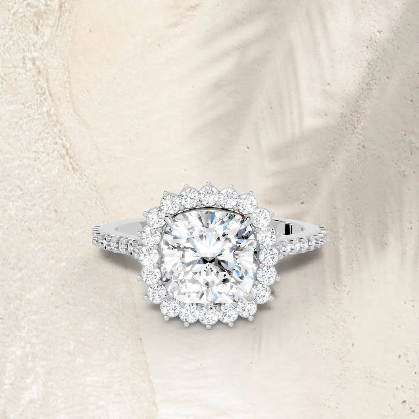 14K Gold Cushion Cut Diamond Floral Halo Pave Engagement Ring