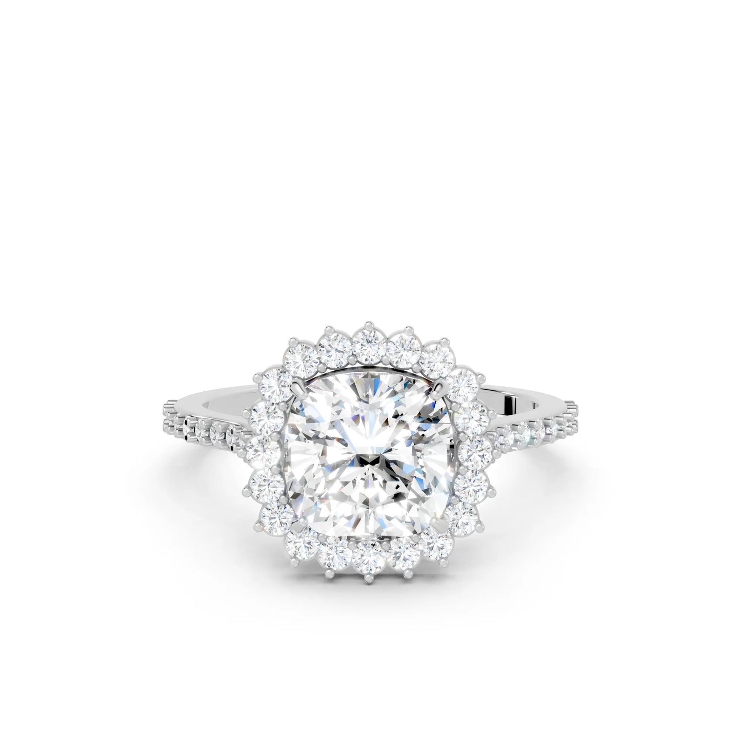 14K Gold Cushion Cut Diamond Floral Halo Pave Engagement Ring