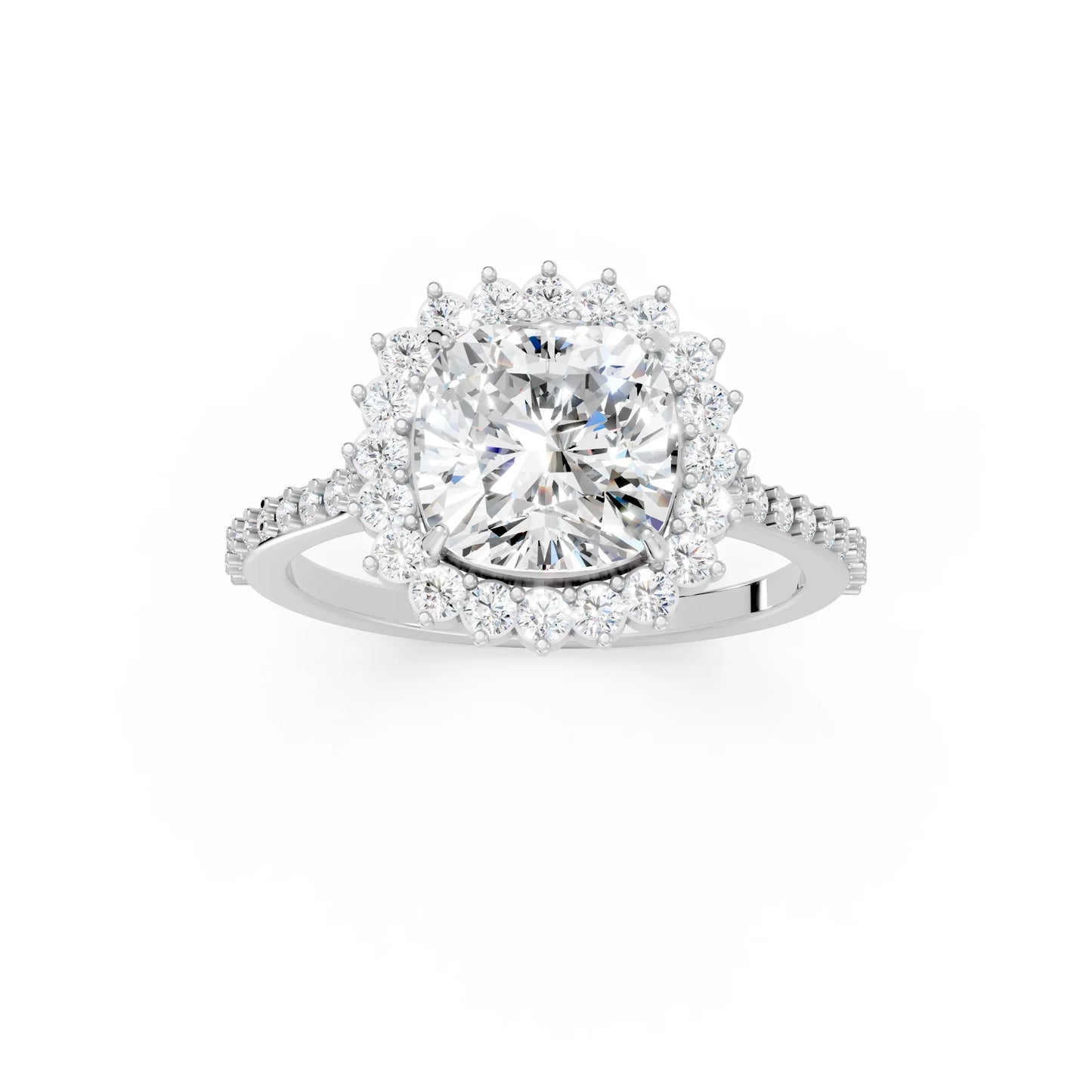14K Gold Cushion Cut Diamond Floral Halo Pave Engagement Ring