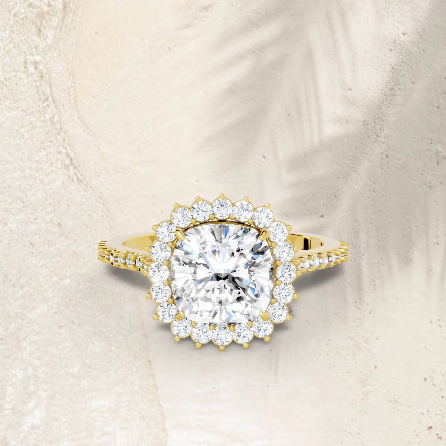 14K Gold Cushion Cut Diamond Floral Halo Pave Engagement Ring