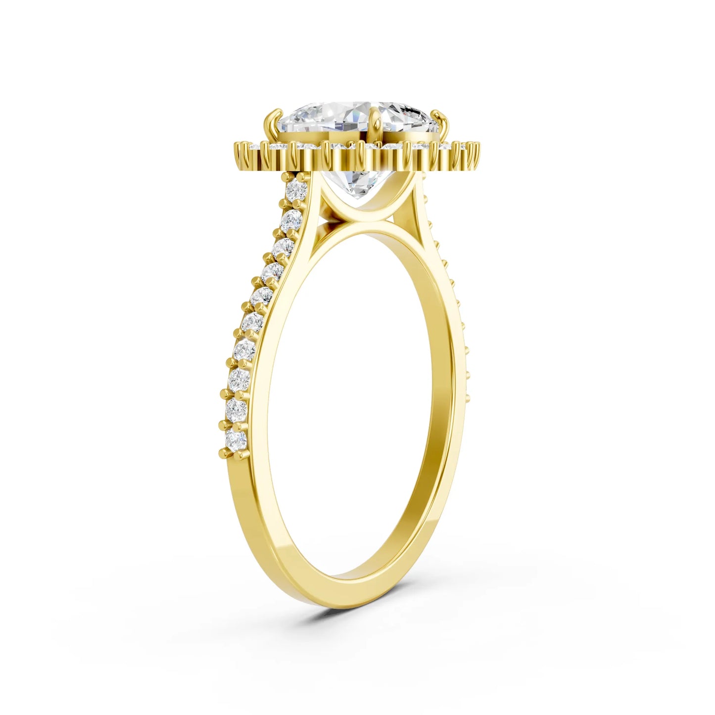 14K Gold Cushion Cut Diamond Floral Halo Pave Engagement Ring