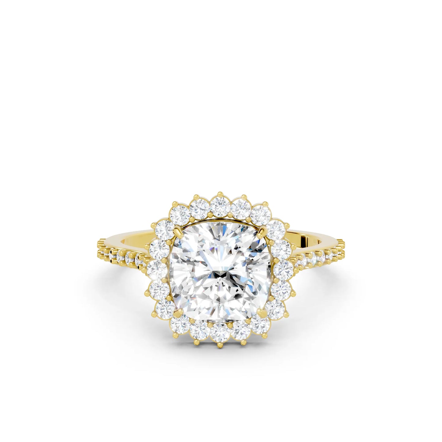 14K Gold Cushion Cut Diamond Floral Halo Pave Engagement Ring
