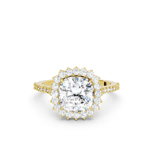 14K Gold Cushion Cut Diamond Floral Halo Pave Engagement Ring