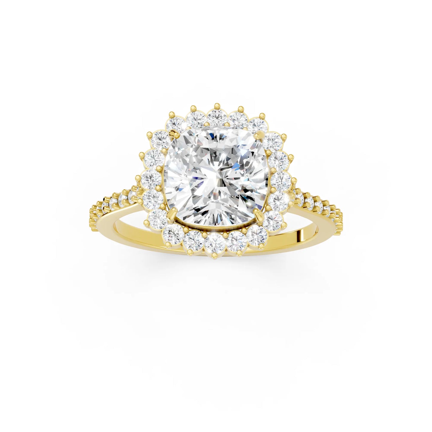14K Gold Cushion Cut Diamond Floral Halo Pave Engagement Ring