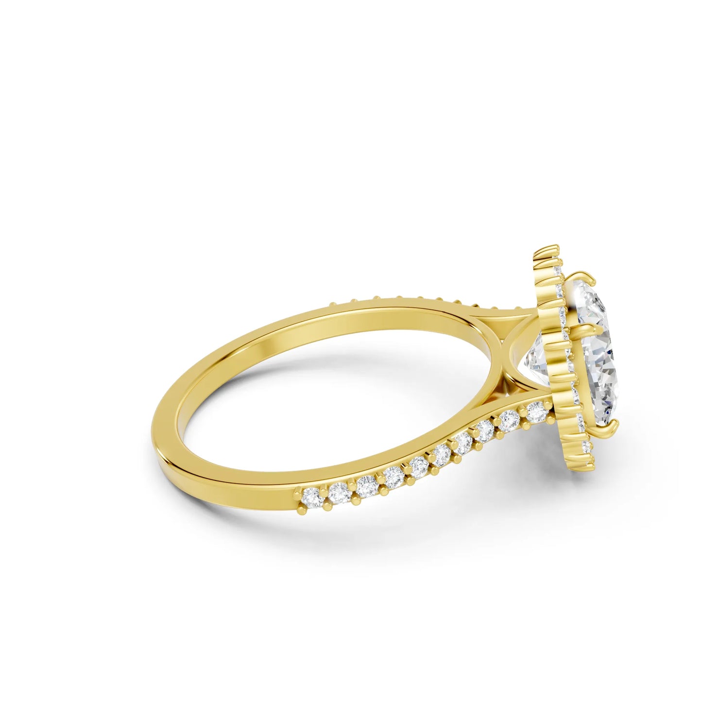14K Gold Cushion Cut Diamond Floral Halo Pave Engagement Ring