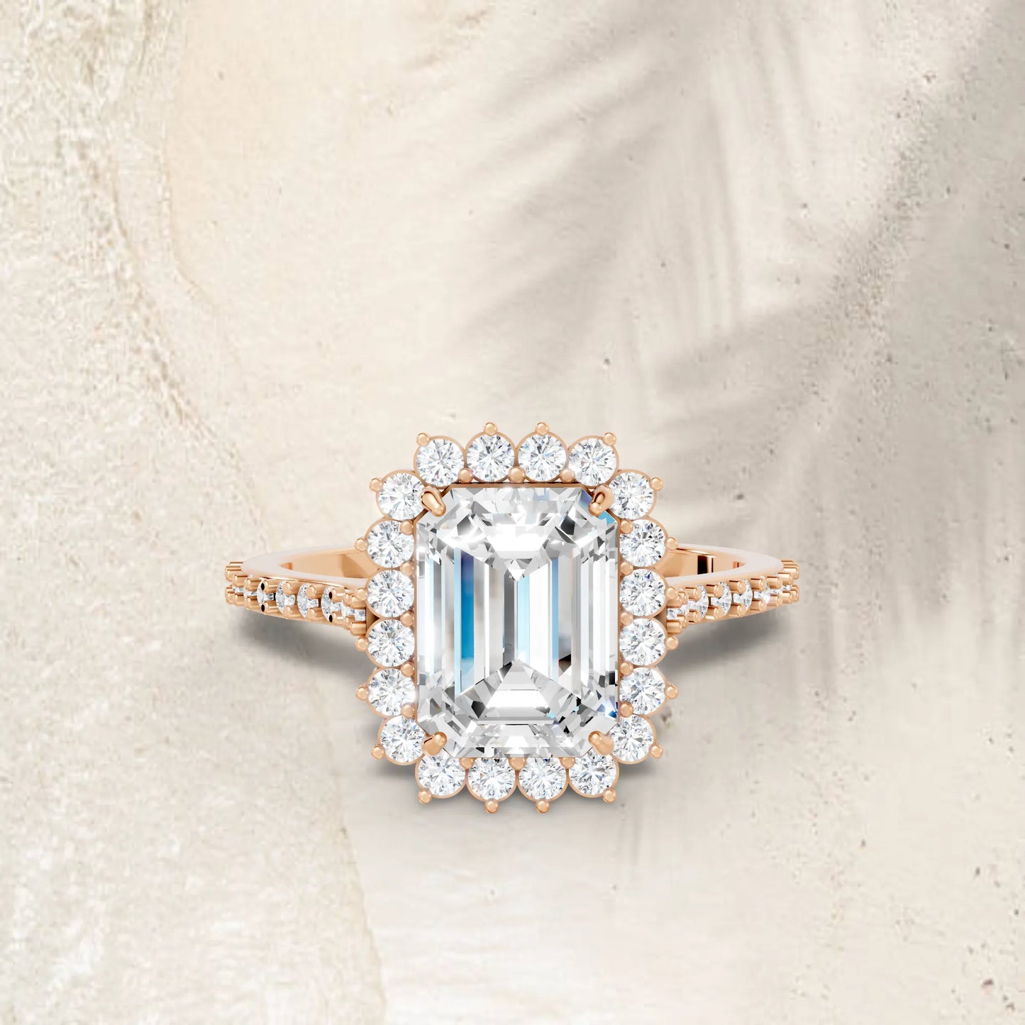 14K Gold Emerald Cut Diamond Floral Halo Pave Engagement Ring