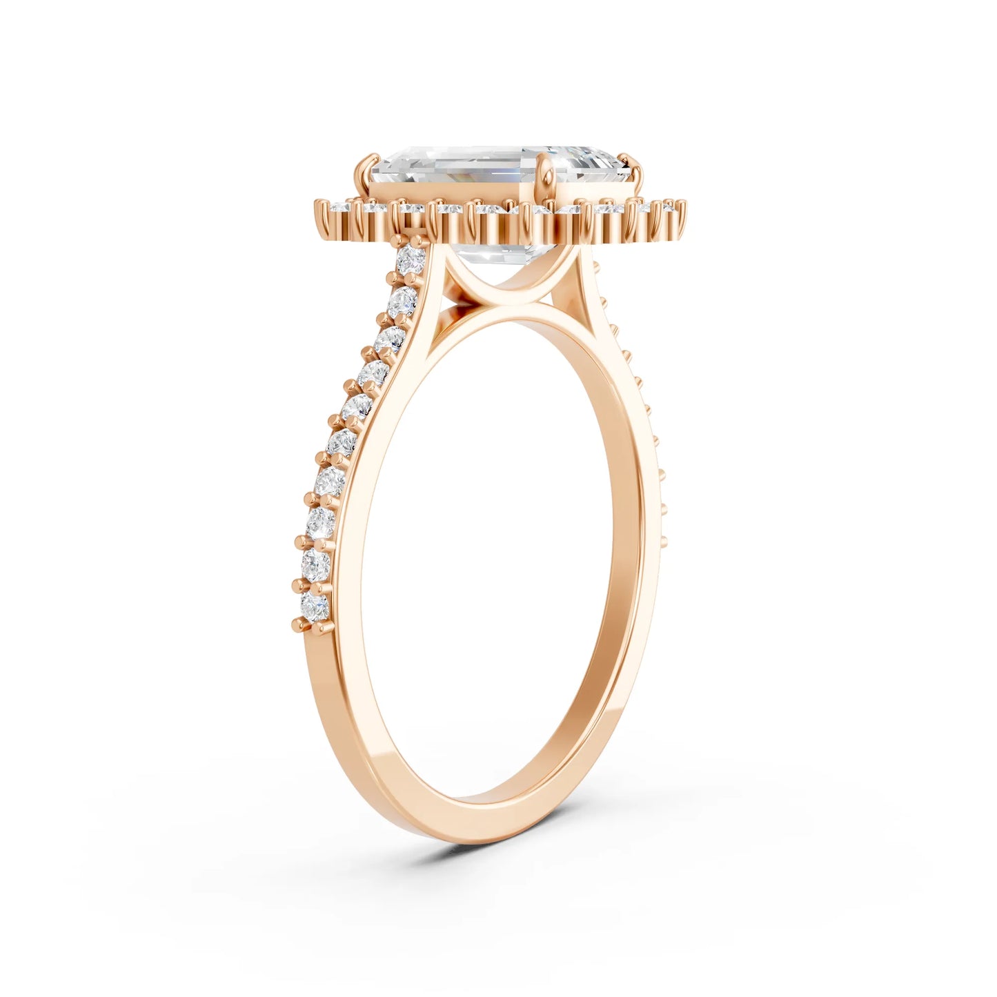 14K Gold Emerald Cut Diamond Floral Halo Pave Engagement Ring