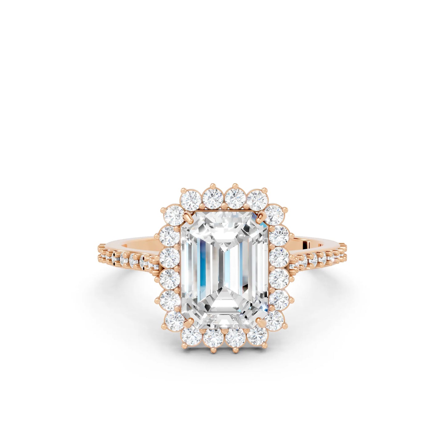 14K Gold Emerald Cut Diamond Floral Halo Pave Engagement Ring