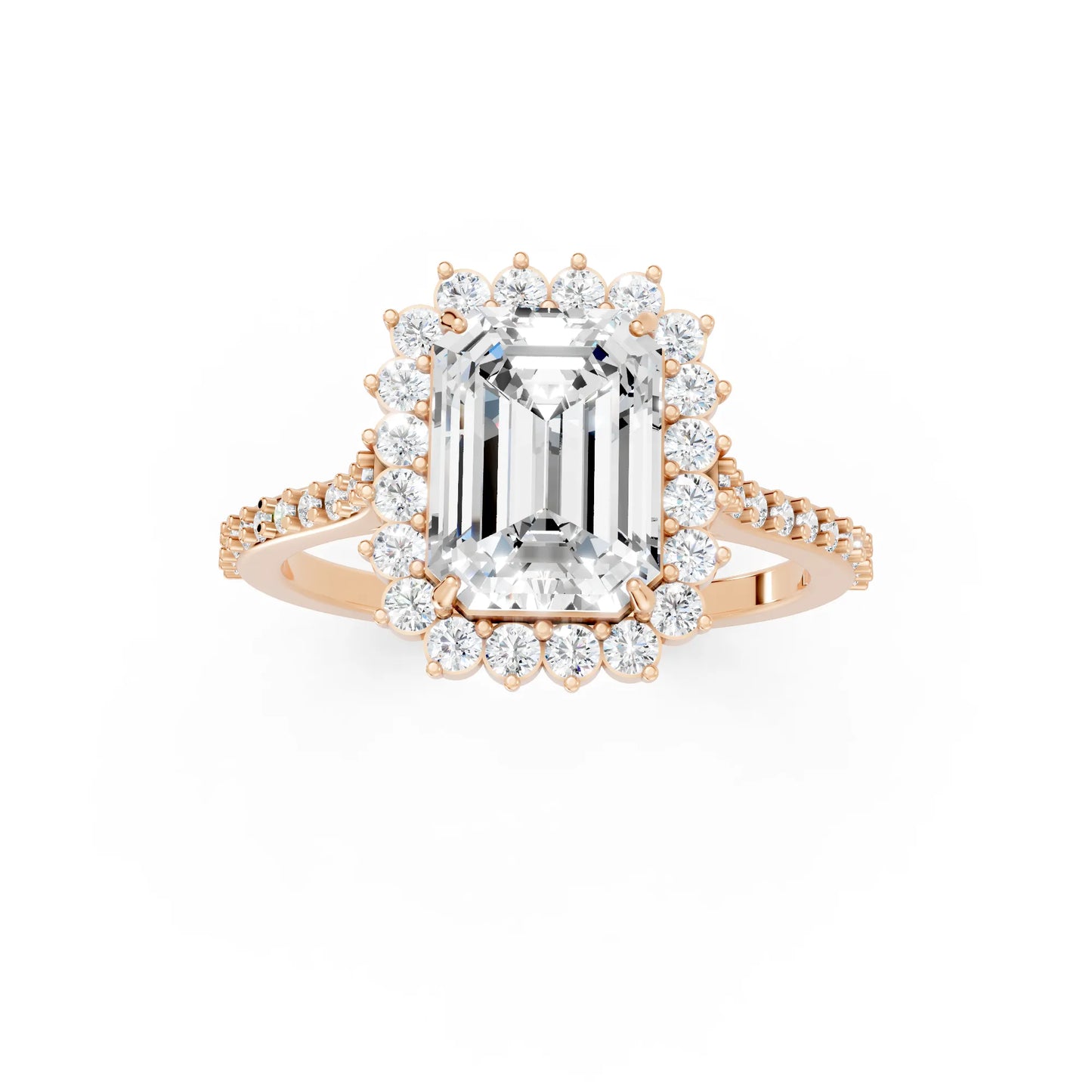 14K Gold Emerald Cut Diamond Floral Halo Pave Engagement Ring