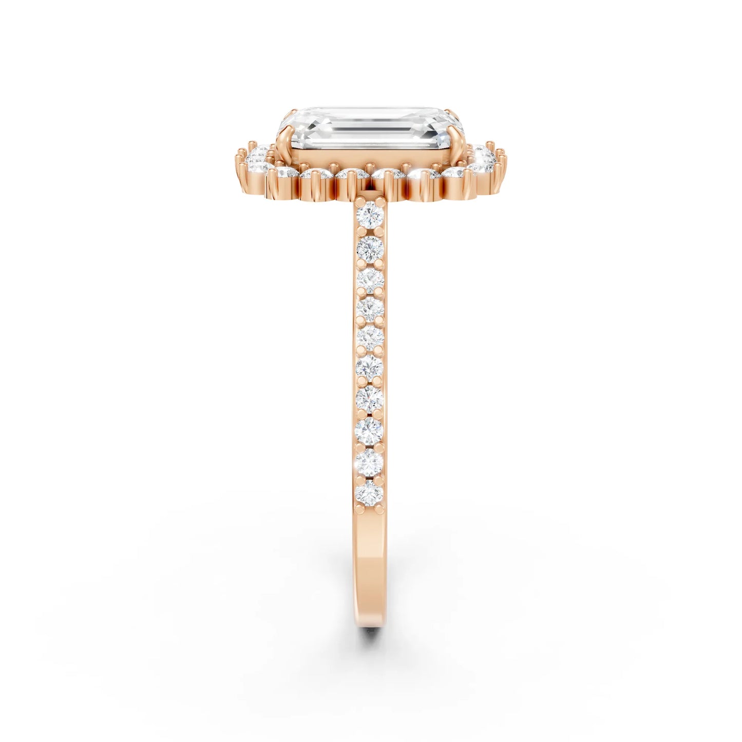 14K Gold Emerald Cut Diamond Floral Halo Pave Engagement Ring