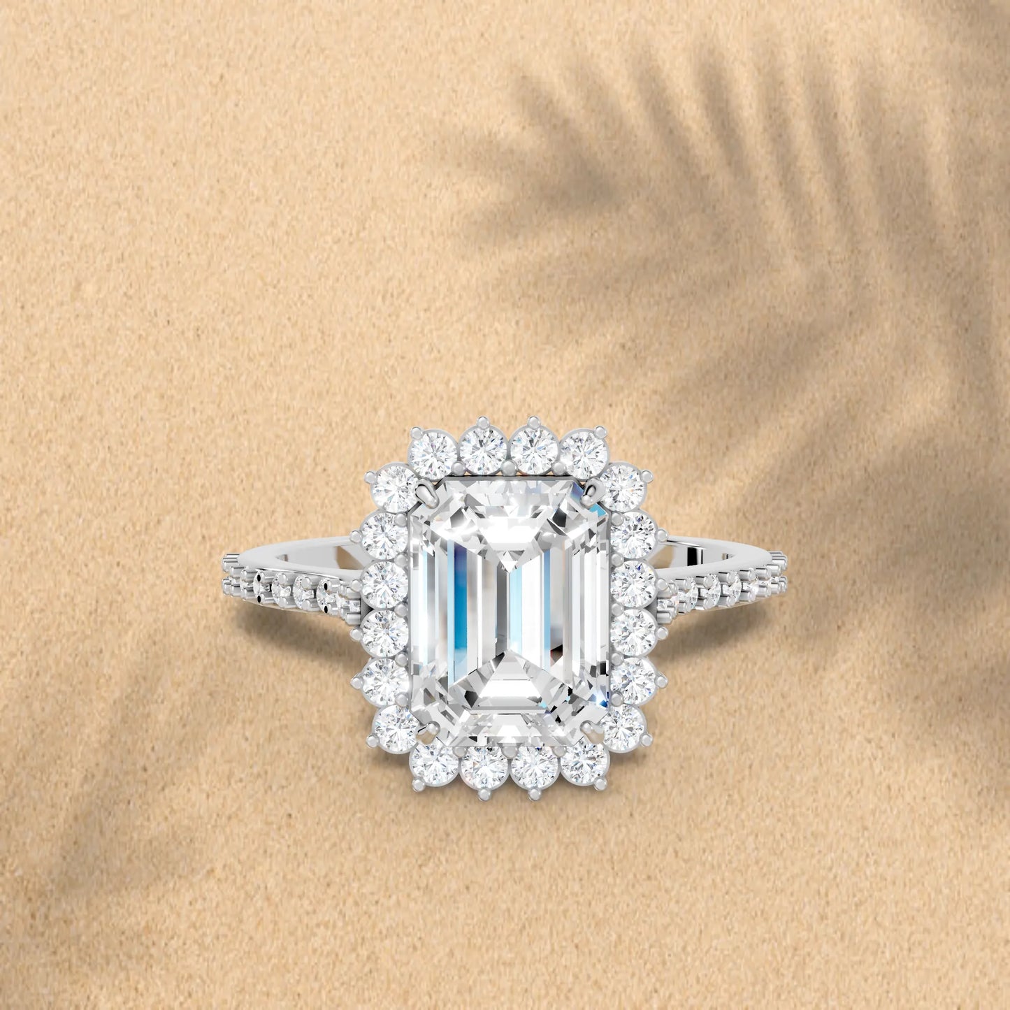 14K Gold Emerald Cut Diamond Floral Halo Pave Engagement Ring