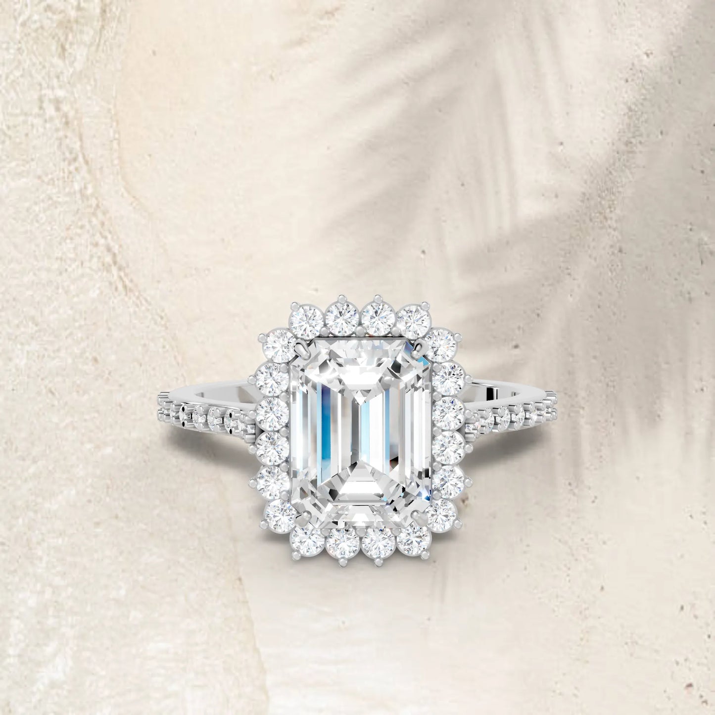 14K Gold Emerald Cut Diamond Floral Halo Pave Engagement Ring
