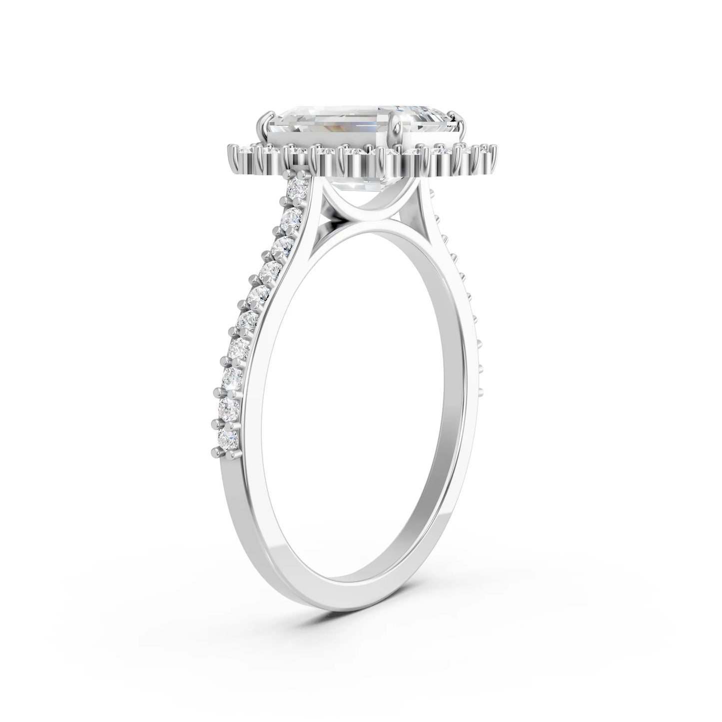 14K Gold Emerald Cut Diamond Floral Halo Pave Engagement Ring