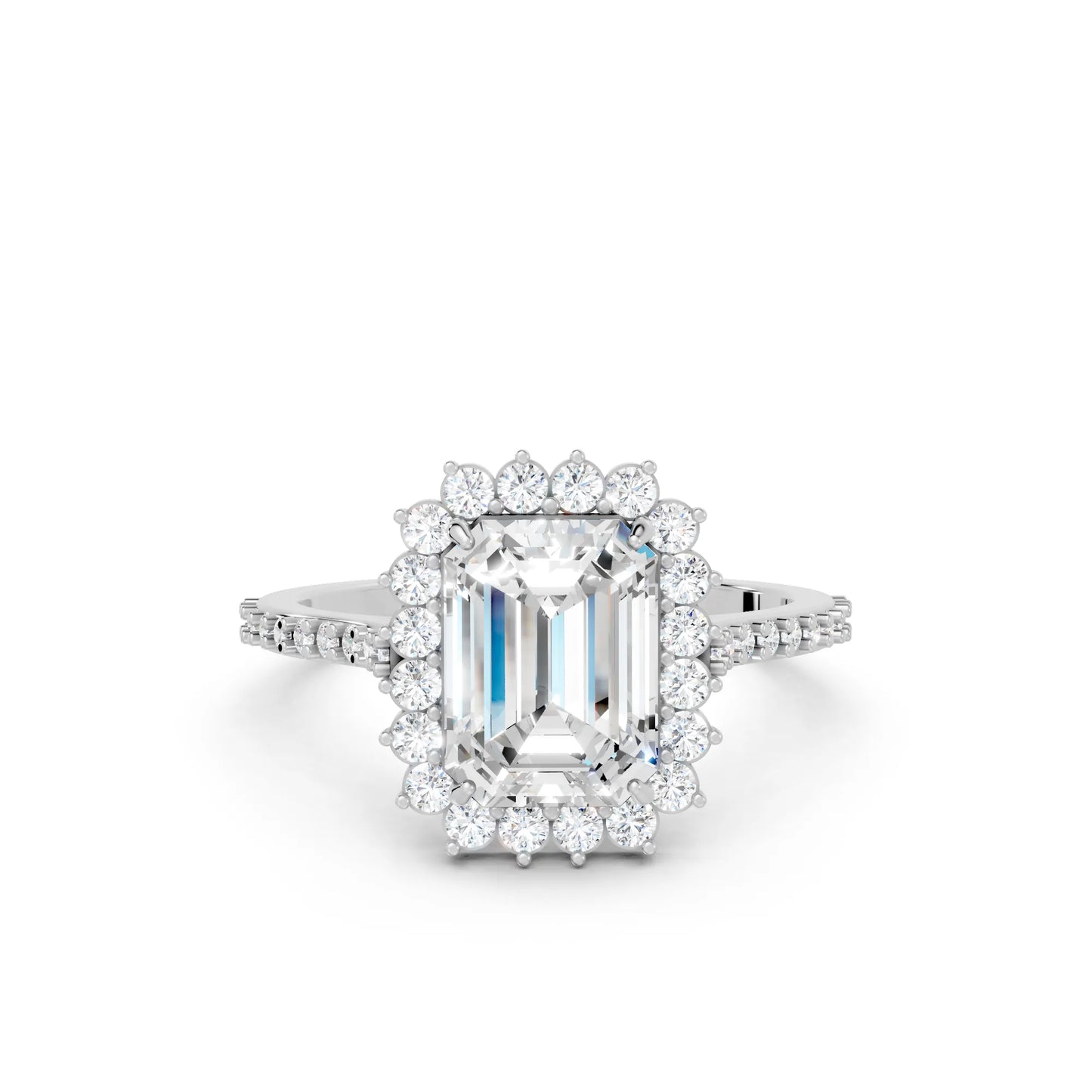 14K Gold Emerald Cut Diamond Floral Halo Pave Engagement Ring