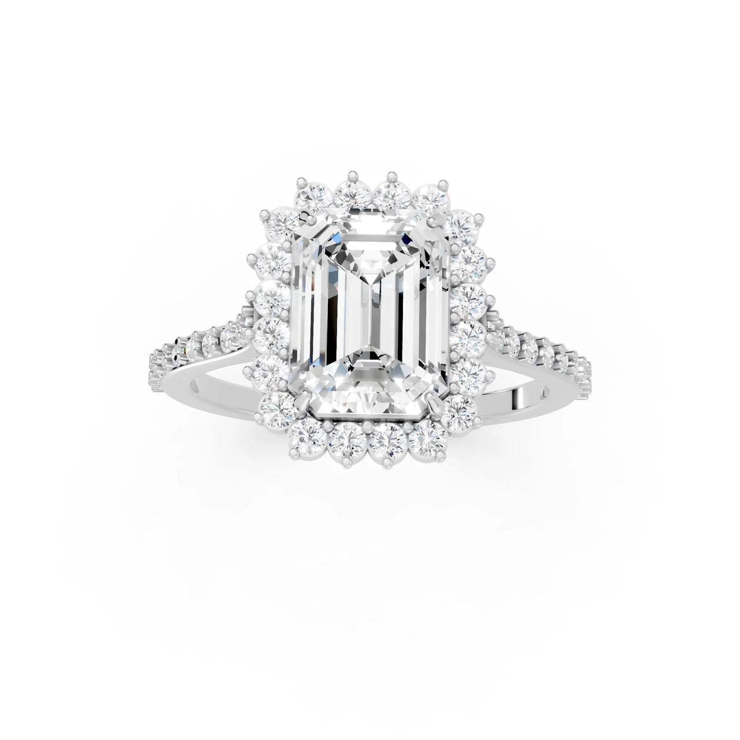 14K Gold Emerald Cut Diamond Floral Halo Pave Engagement Ring