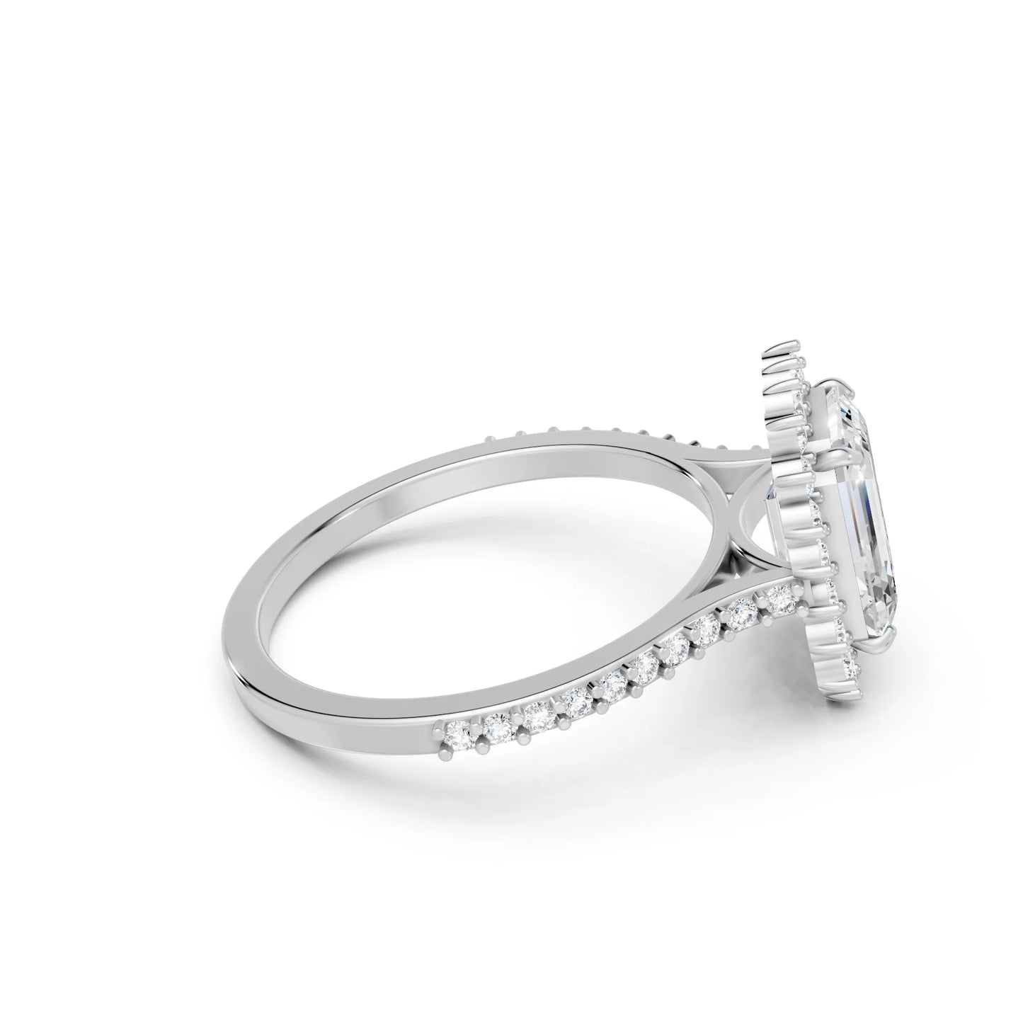 14K Gold Emerald Cut Diamond Floral Halo Pave Engagement Ring