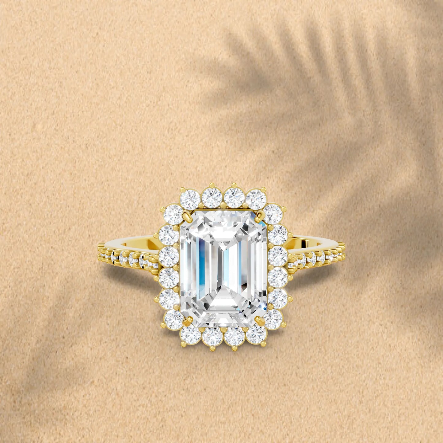 14K Gold Emerald Cut Diamond Floral Halo Pave Engagement Ring