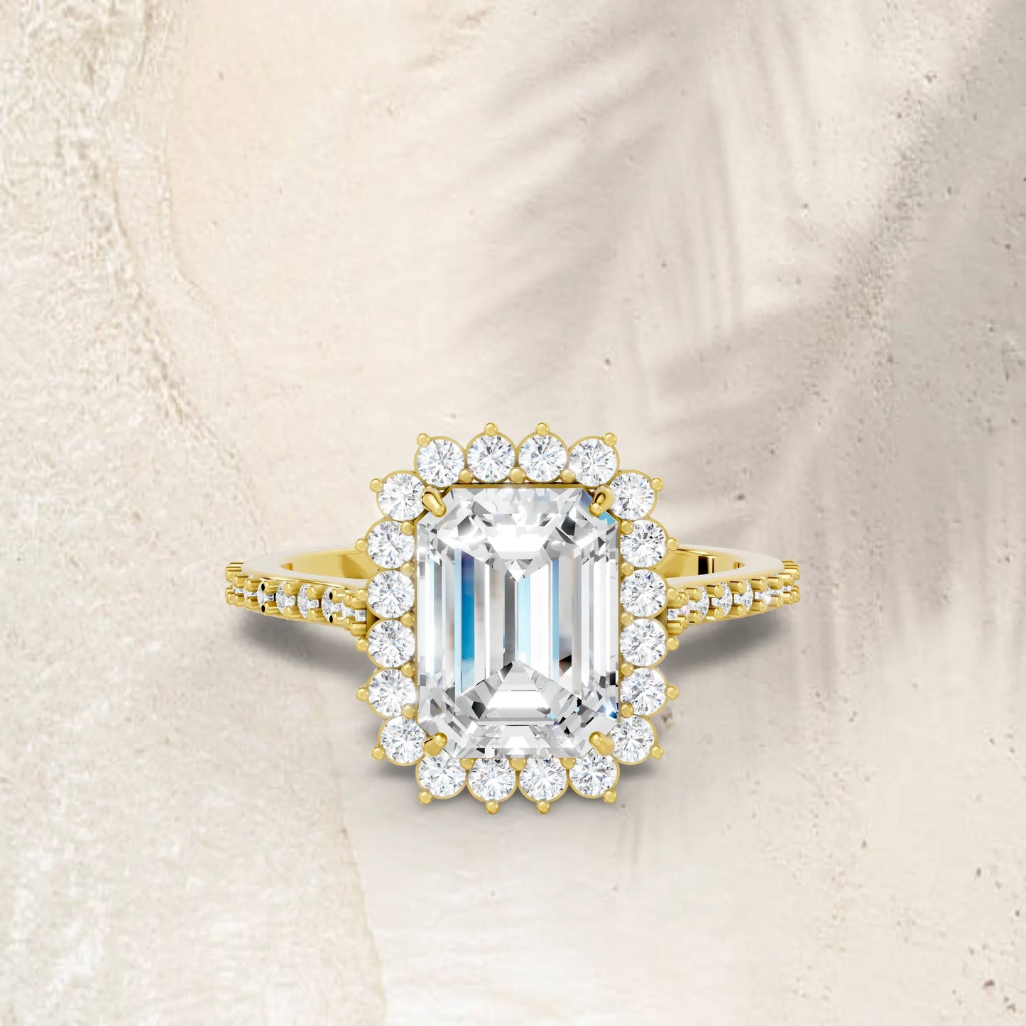 14K Gold Emerald Cut Diamond Floral Halo Pave Engagement Ring