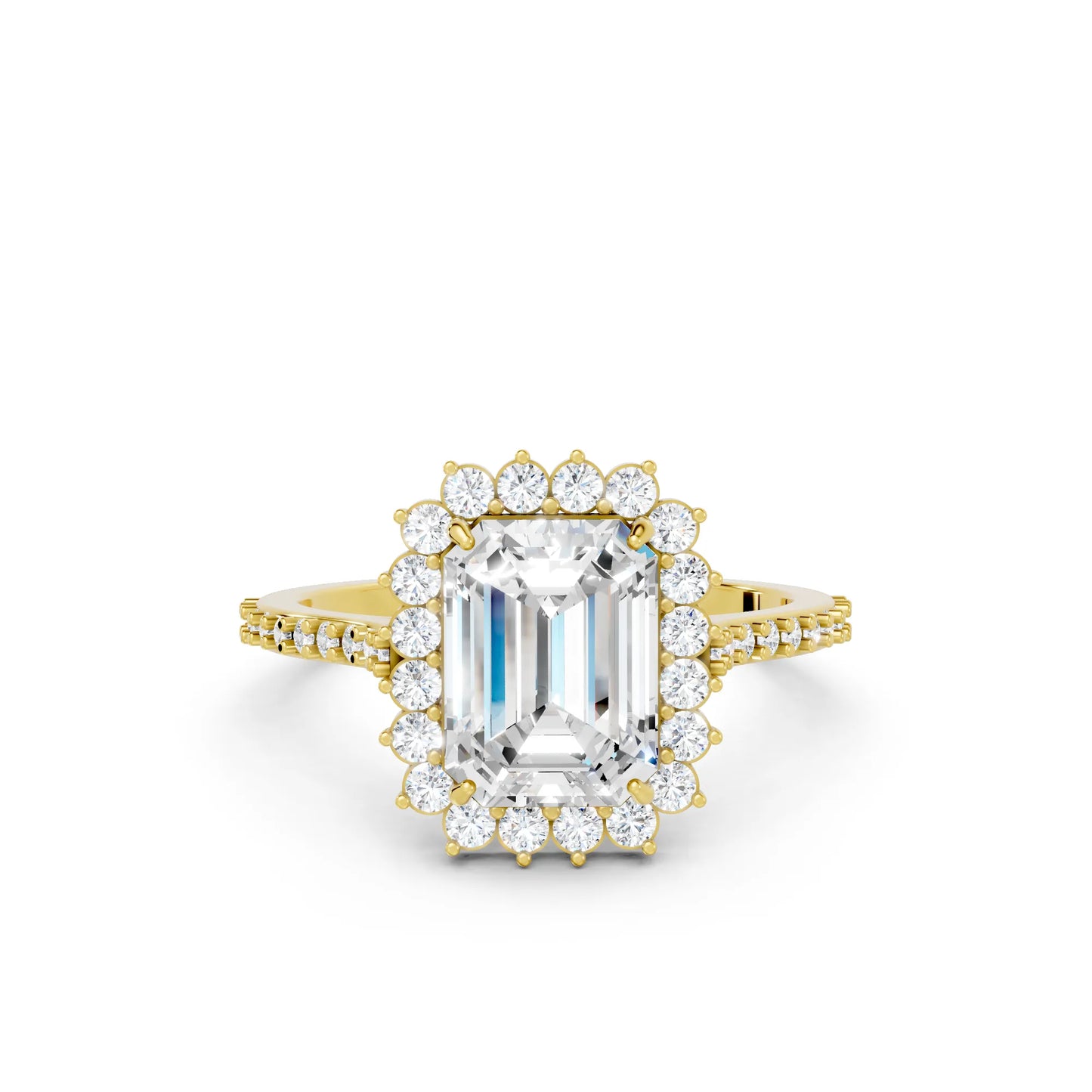 14K Gold Emerald Cut Diamond Floral Halo Pave Engagement Ring