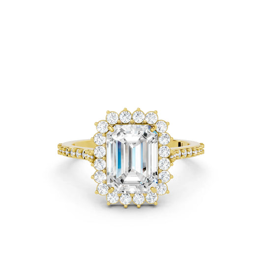 14K Gold Emerald Cut Diamond Floral Halo Pave Engagement Ring