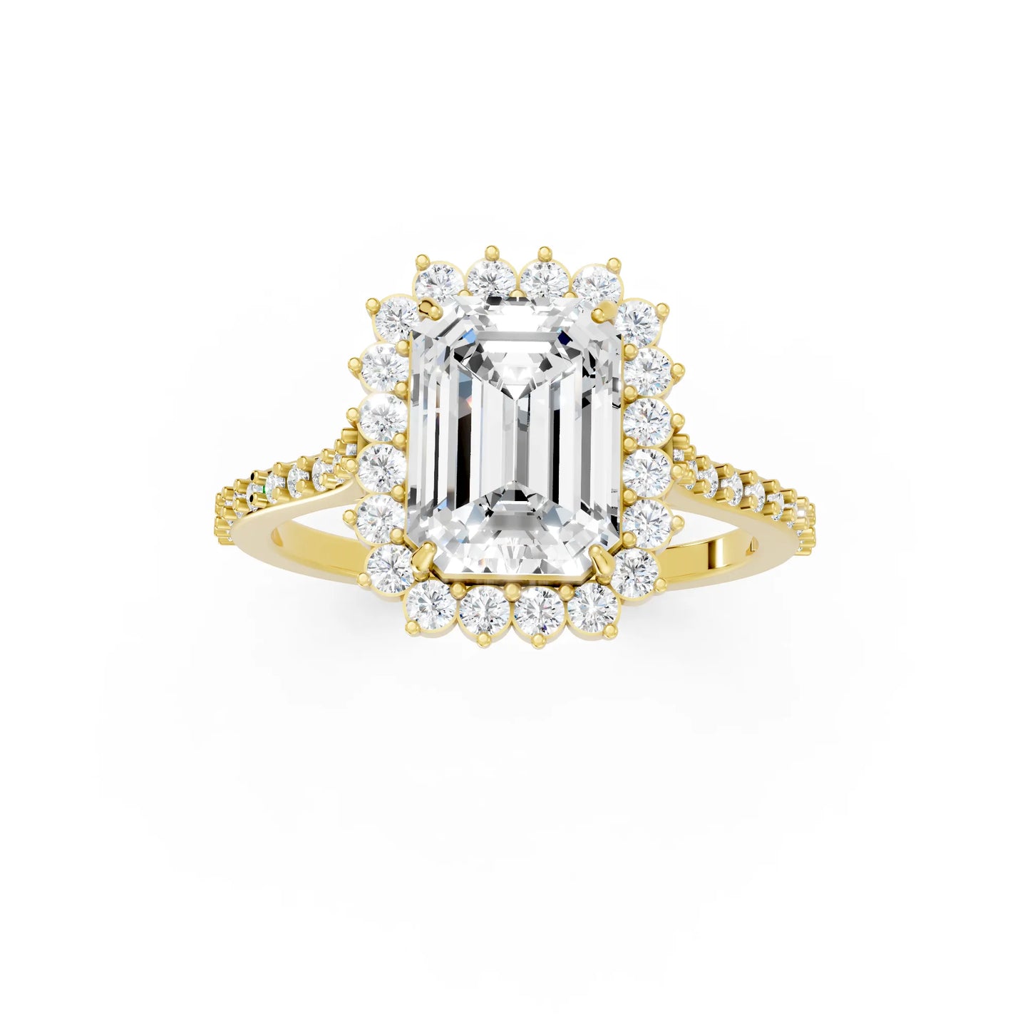 14K Gold Emerald Cut Diamond Floral Halo Pave Engagement Ring