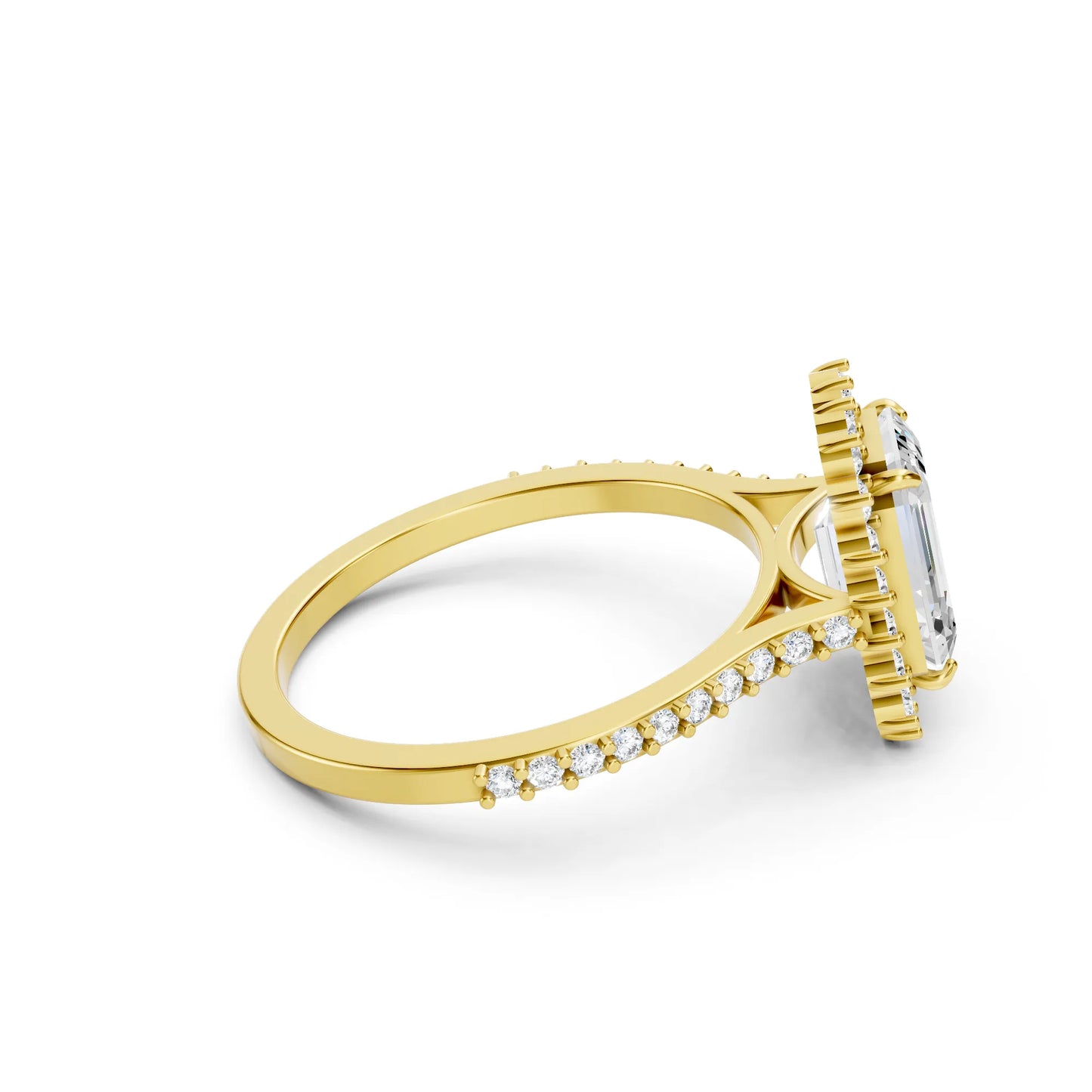 14K Gold Emerald Cut Diamond Floral Halo Pave Engagement Ring