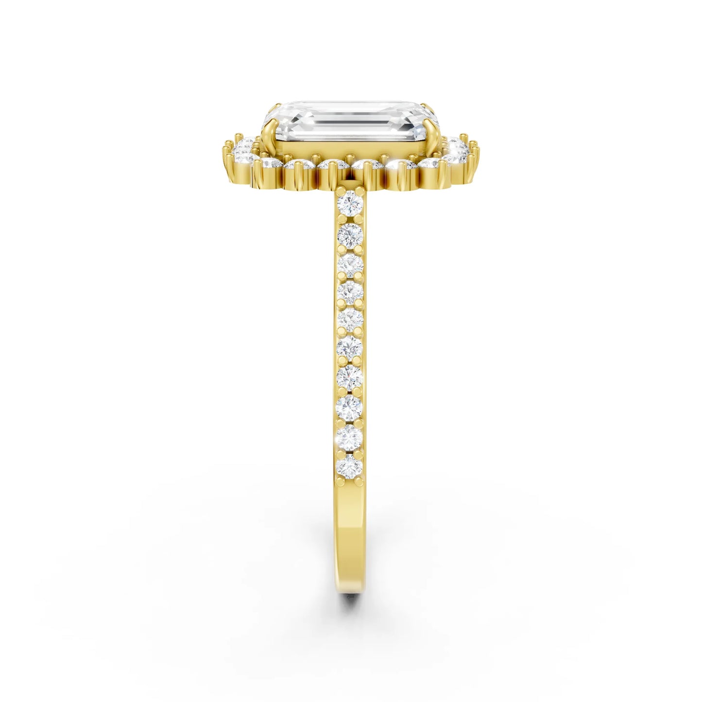 14K Gold Emerald Cut Diamond Floral Halo Pave Engagement Ring