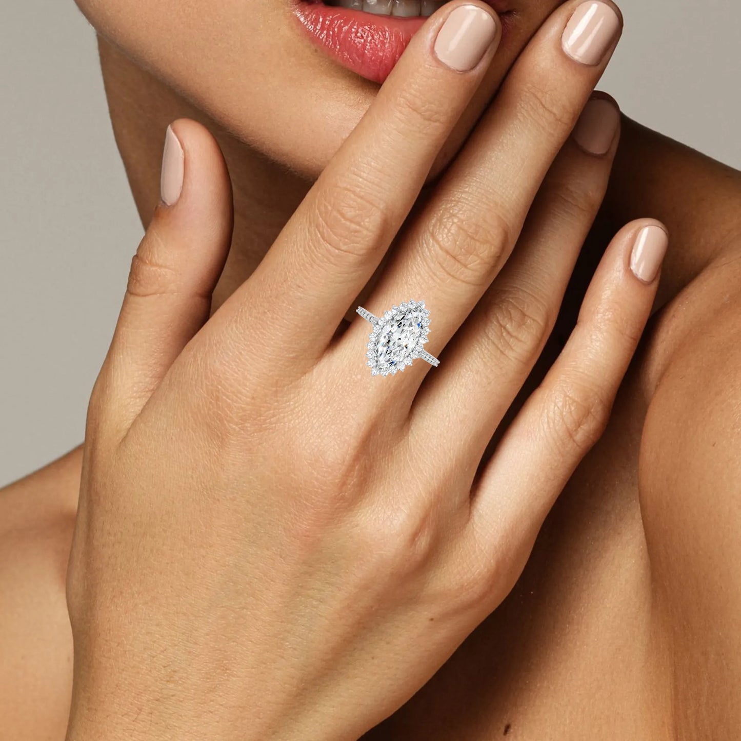 14K Gold Marquise Cut Diamond Floral Halo Pave Engagement Ring
