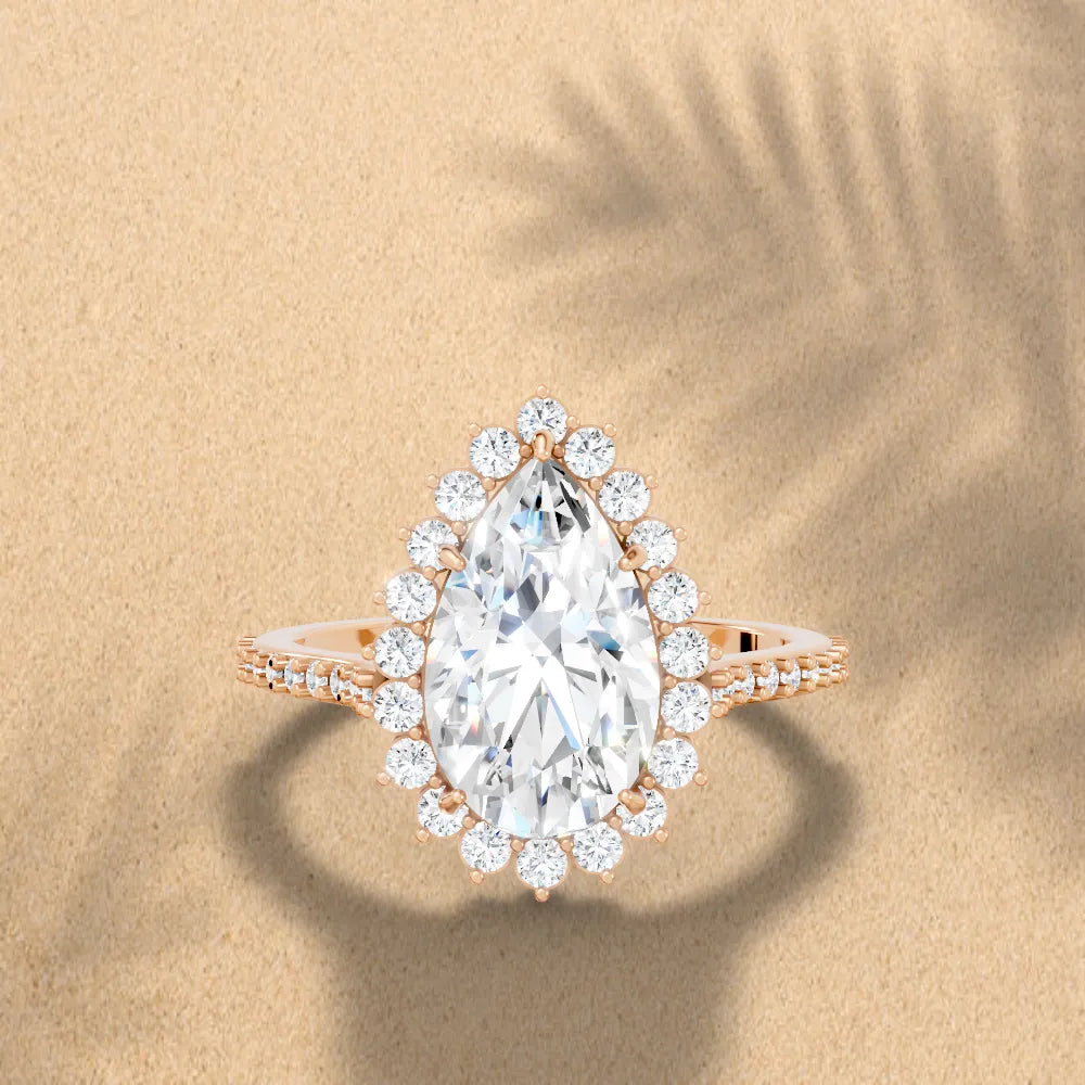 14K Gold Pear Cut Diamond Floral Halo Pave Engagement Ring