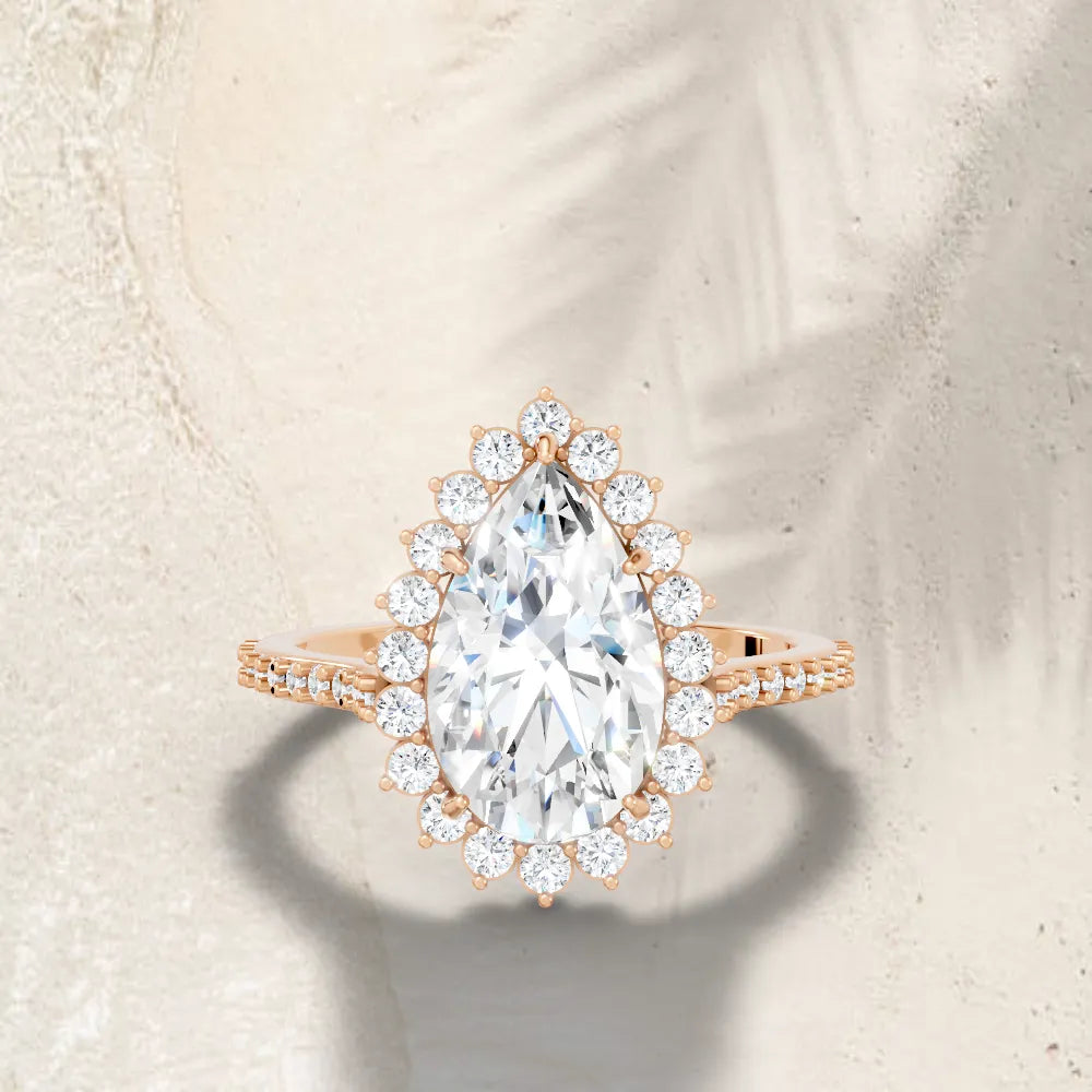 14K Gold Pear Cut Diamond Floral Halo Pave Engagement Ring