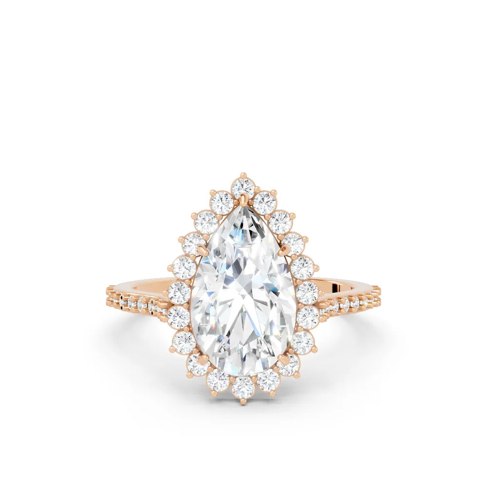 14K Gold Pear Cut Diamond Floral Halo Pave Engagement Ring