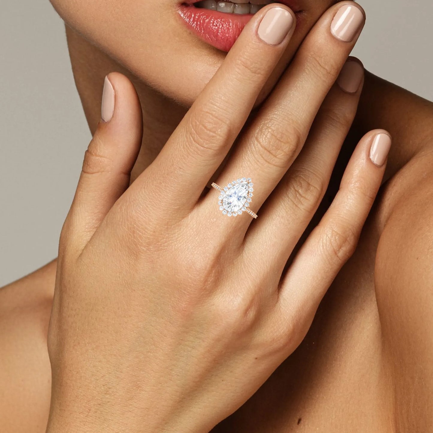 14K Gold Pear Cut Diamond Floral Halo Pave Engagement Ring