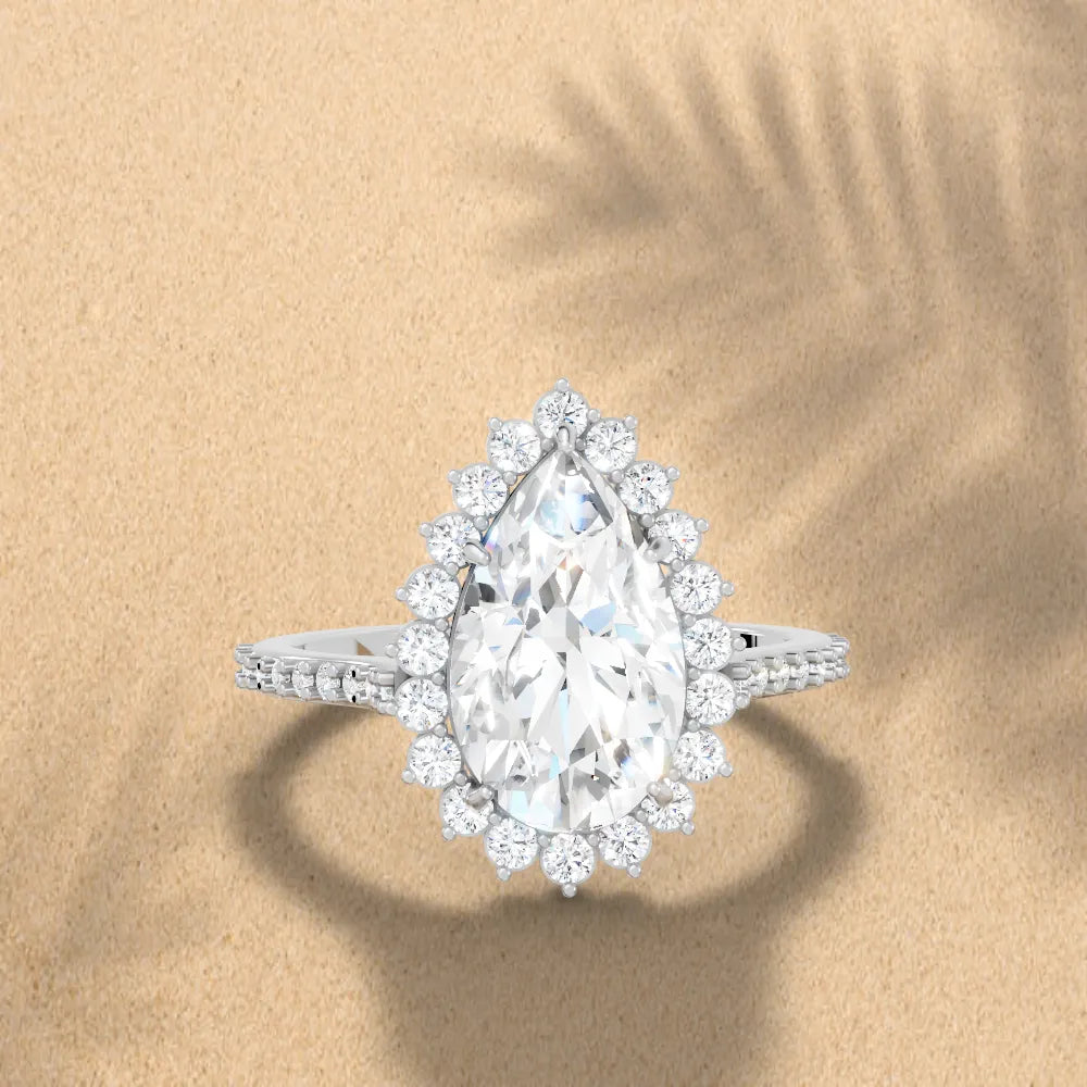 14K Gold Pear Cut Diamond Floral Halo Pave Engagement Ring