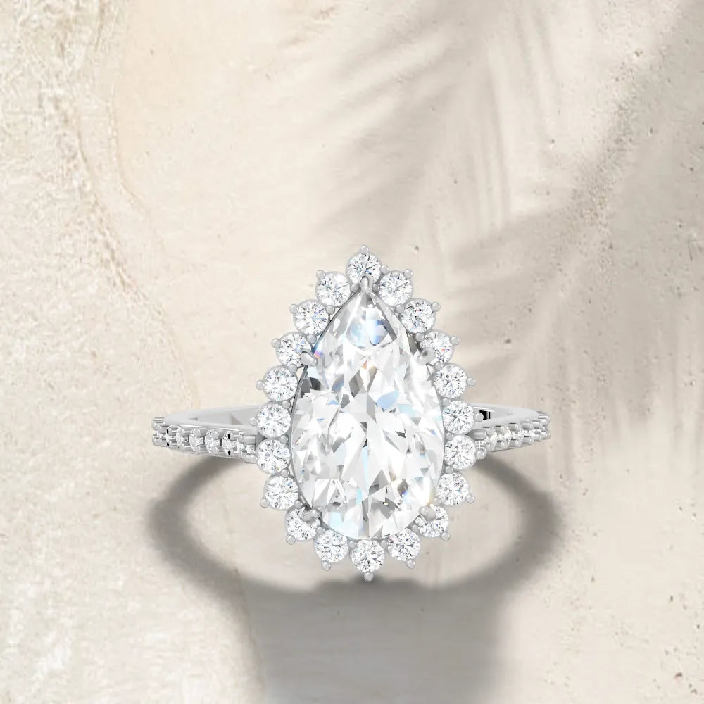 14K Gold Pear Cut Diamond Floral Halo Pave Engagement Ring