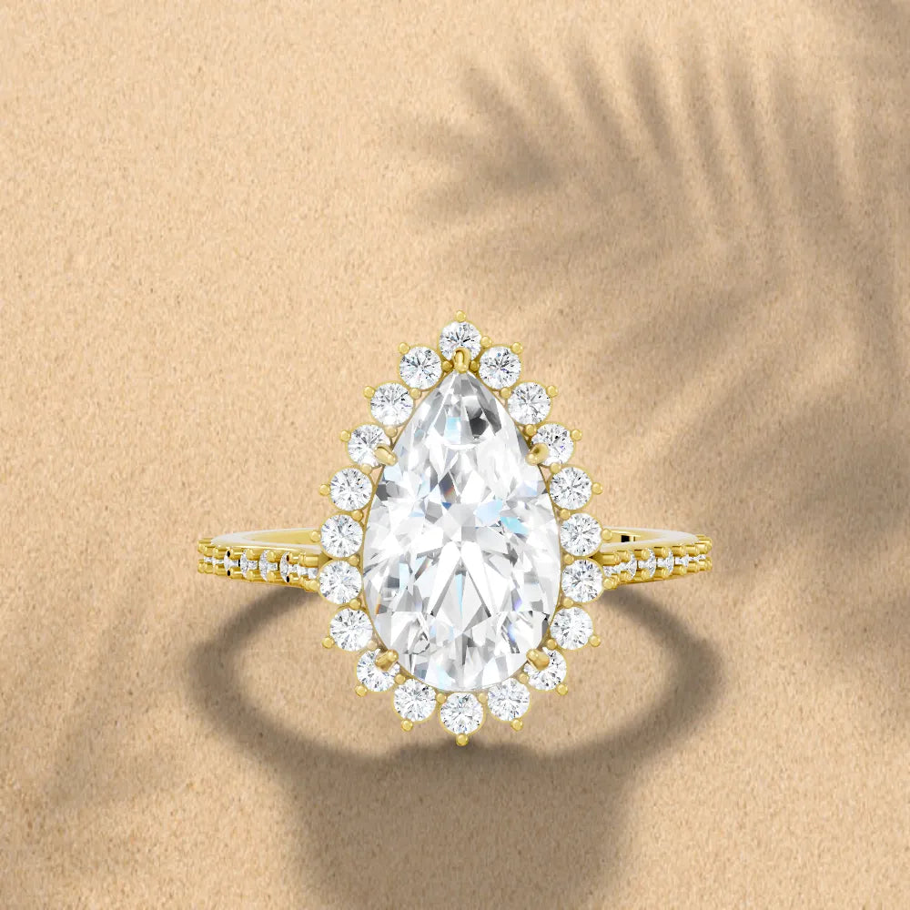 14K Gold Pear Cut Diamond Floral Halo Pave Engagement Ring