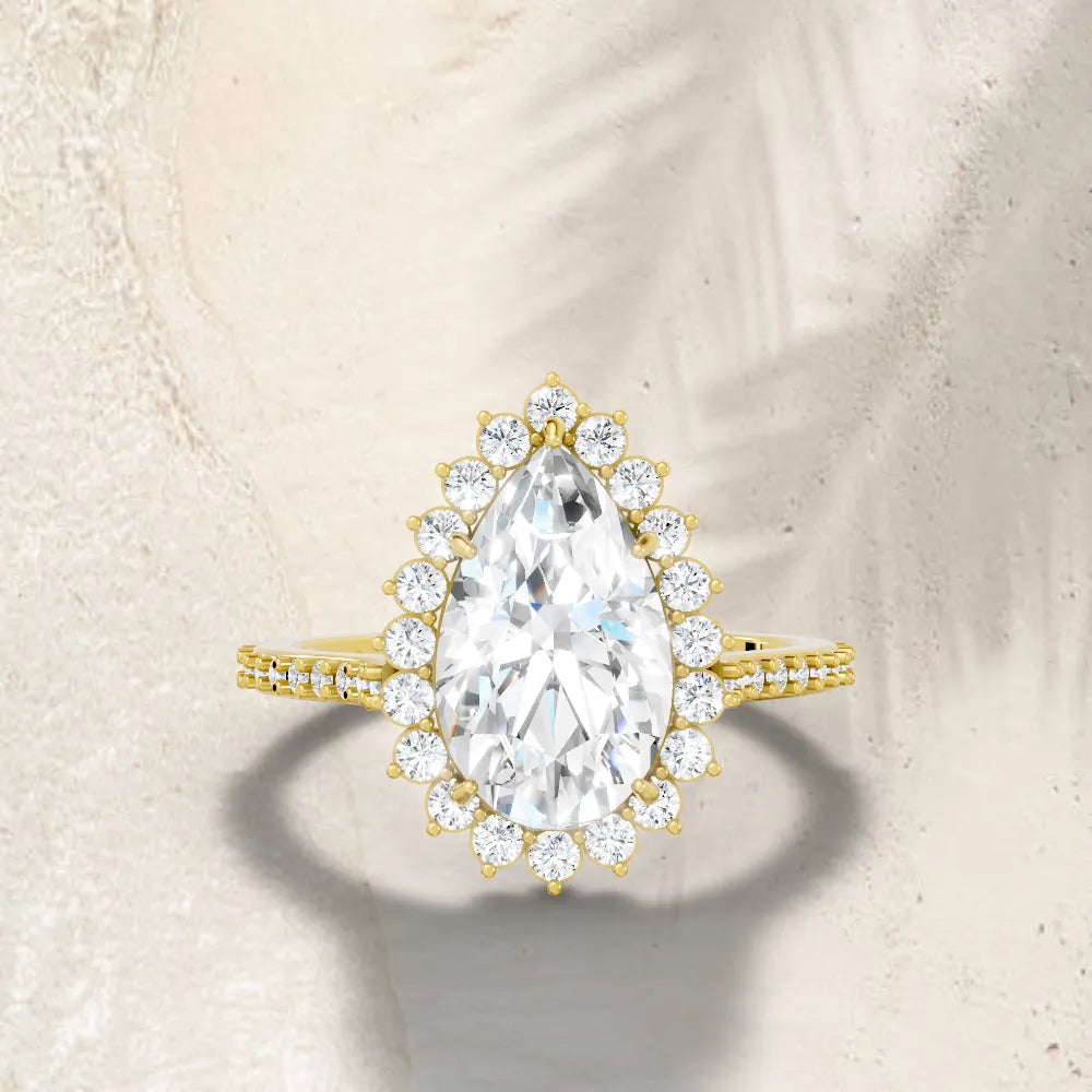 14K Gold Pear Cut Diamond Floral Halo Pave Engagement Ring