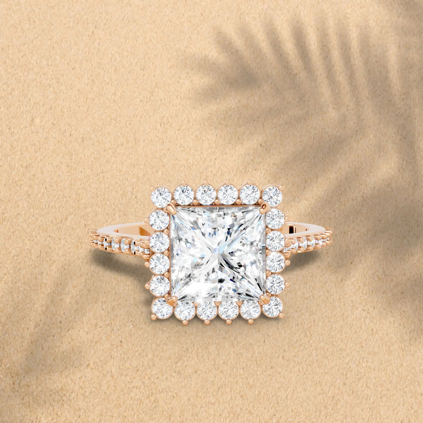 14K Gold Princess Cut Diamond Floral Halo Pave Engagement Ring