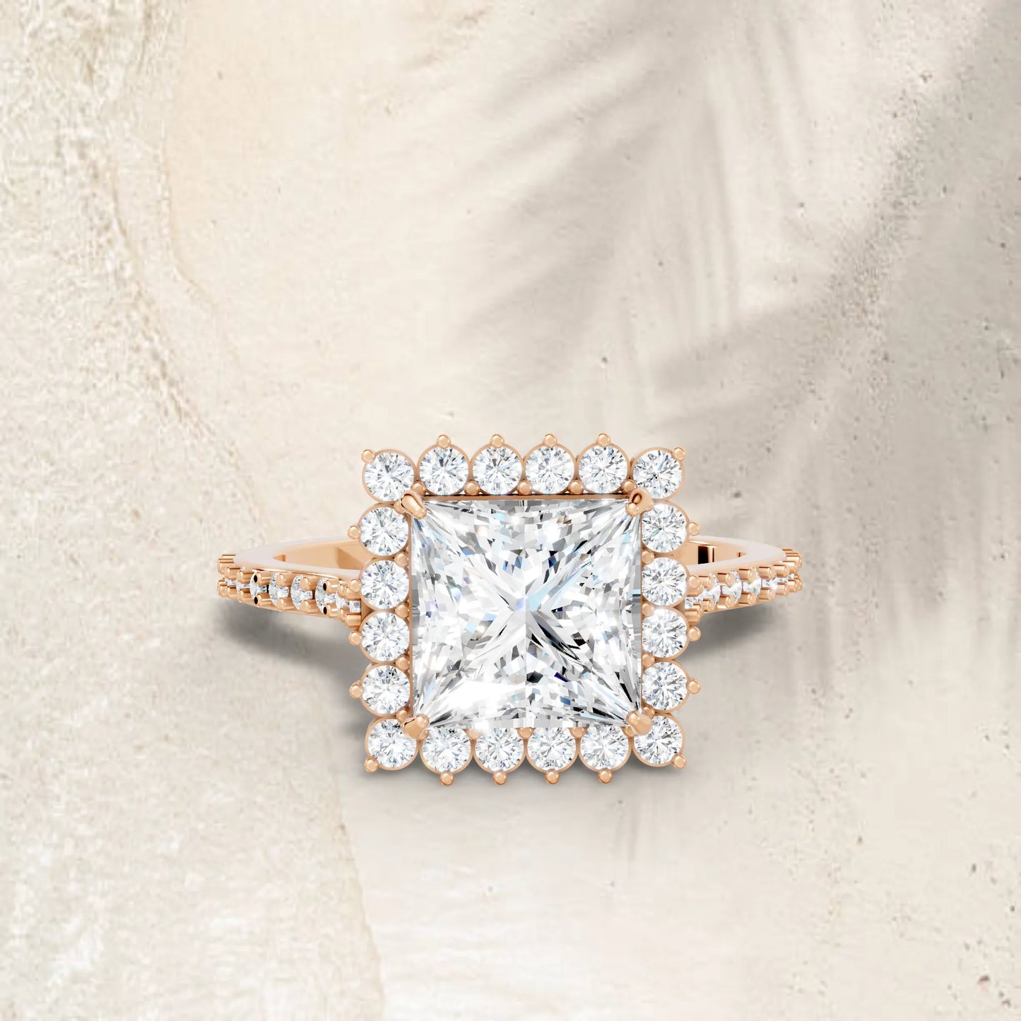 14K Gold Princess Cut Diamond Floral Halo Pave Engagement Ring