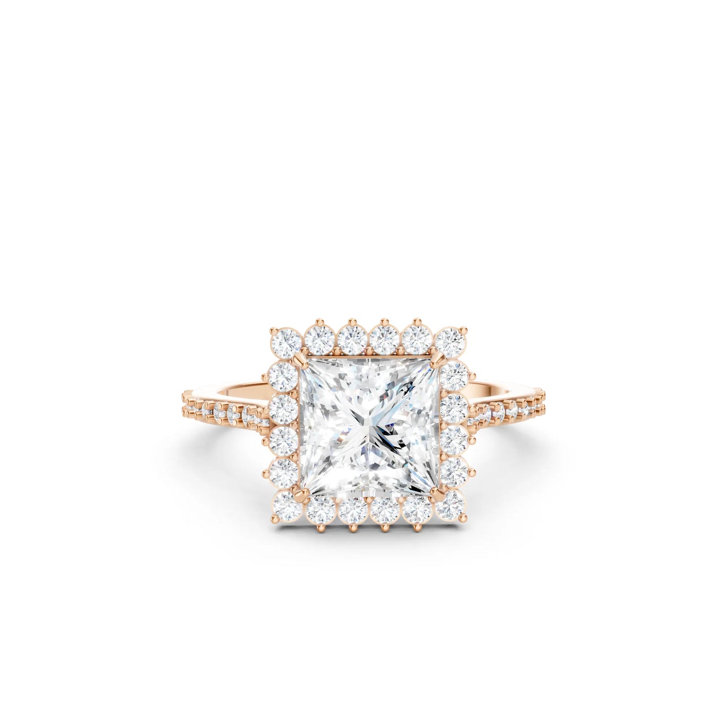 14K Gold Princess Cut Diamond Floral Halo Pave Engagement Ring