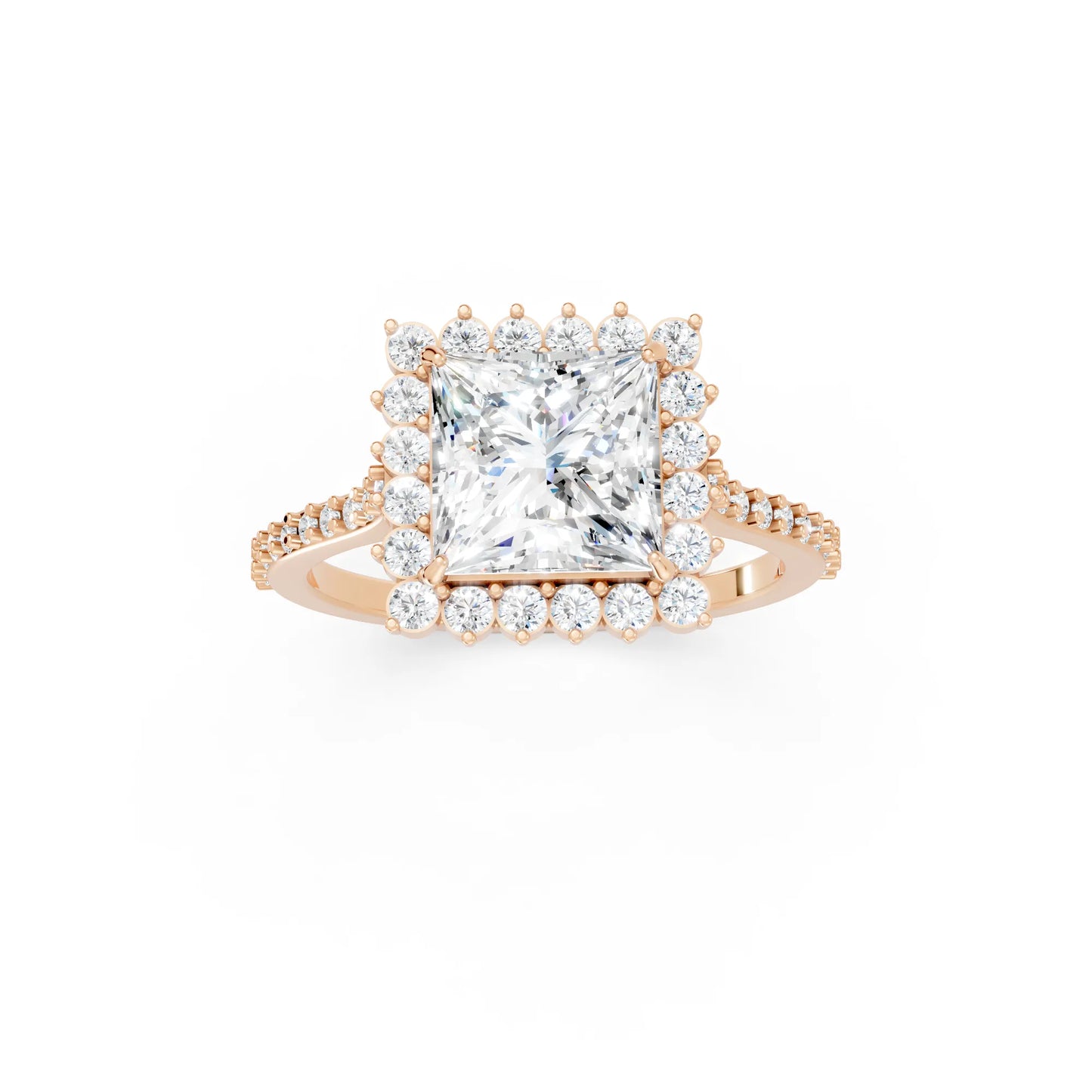 14K Gold Princess Cut Diamond Floral Halo Pave Engagement Ring