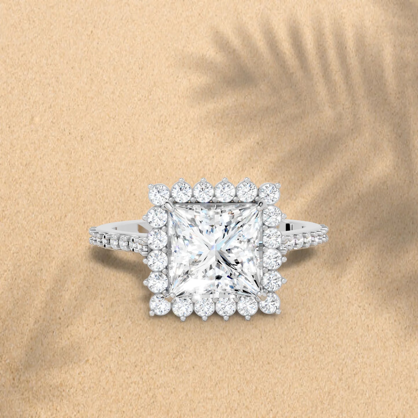 14K Gold Princess Cut Diamond Floral Halo Pave Engagement Ring