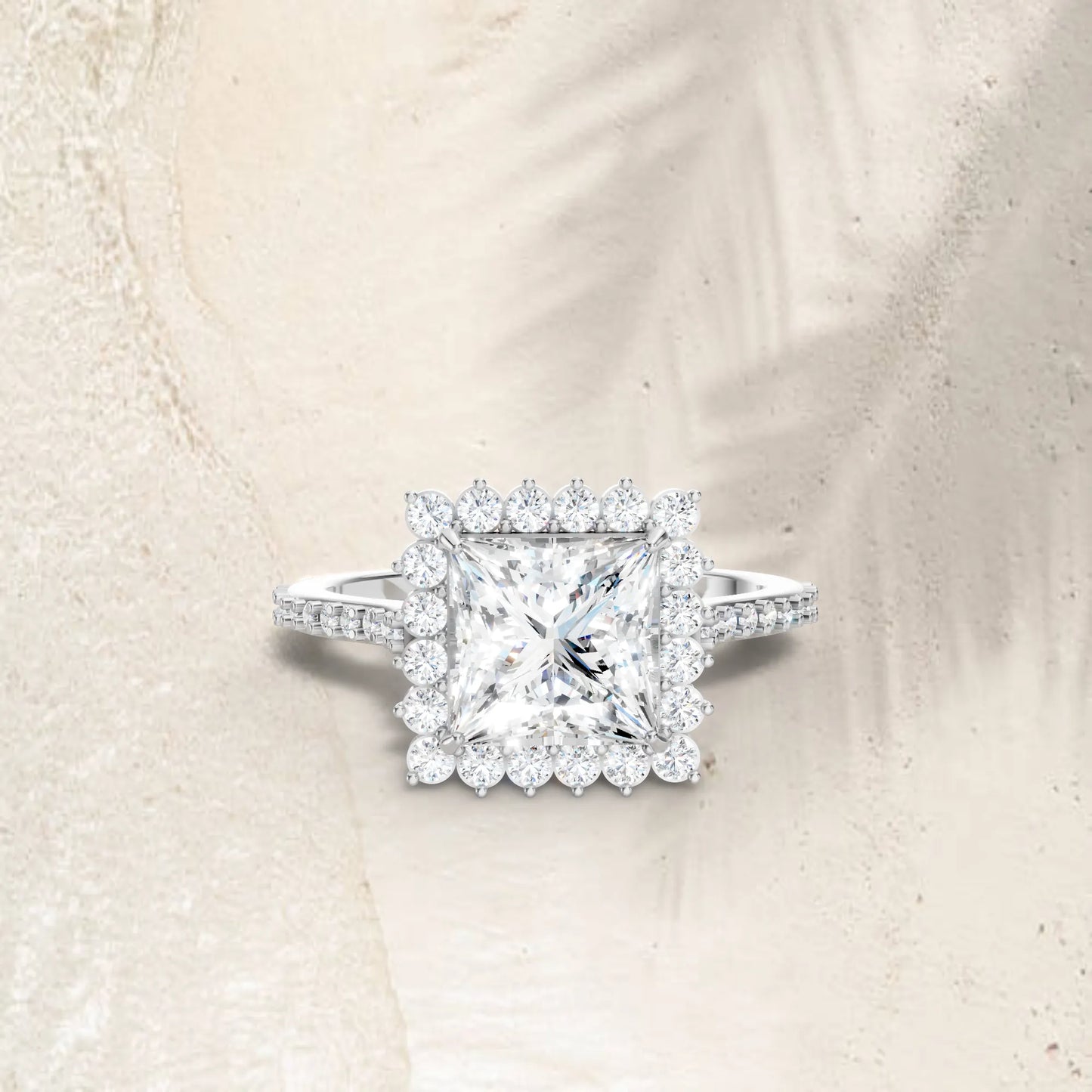 14K Gold Princess Cut Diamond Floral Halo Pave Engagement Ring