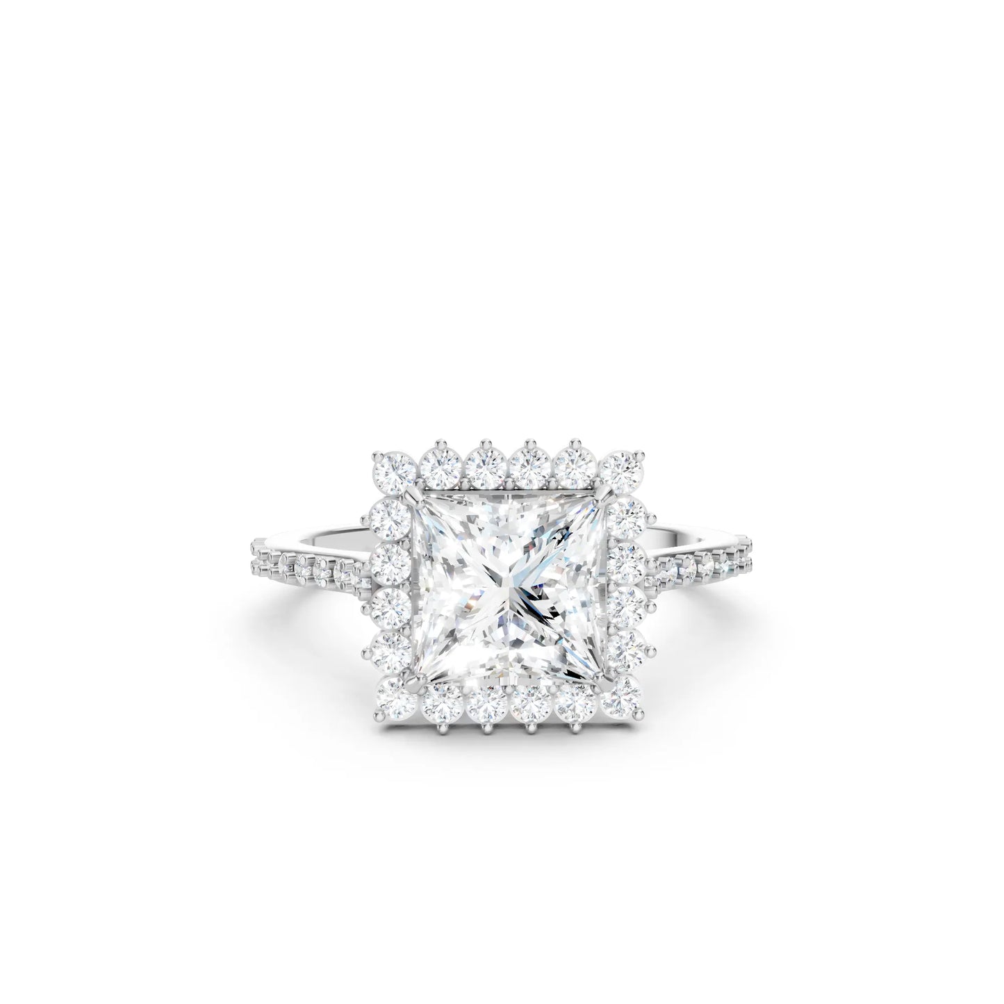 14K Gold Princess Cut Diamond Floral Halo Pave Engagement Ring