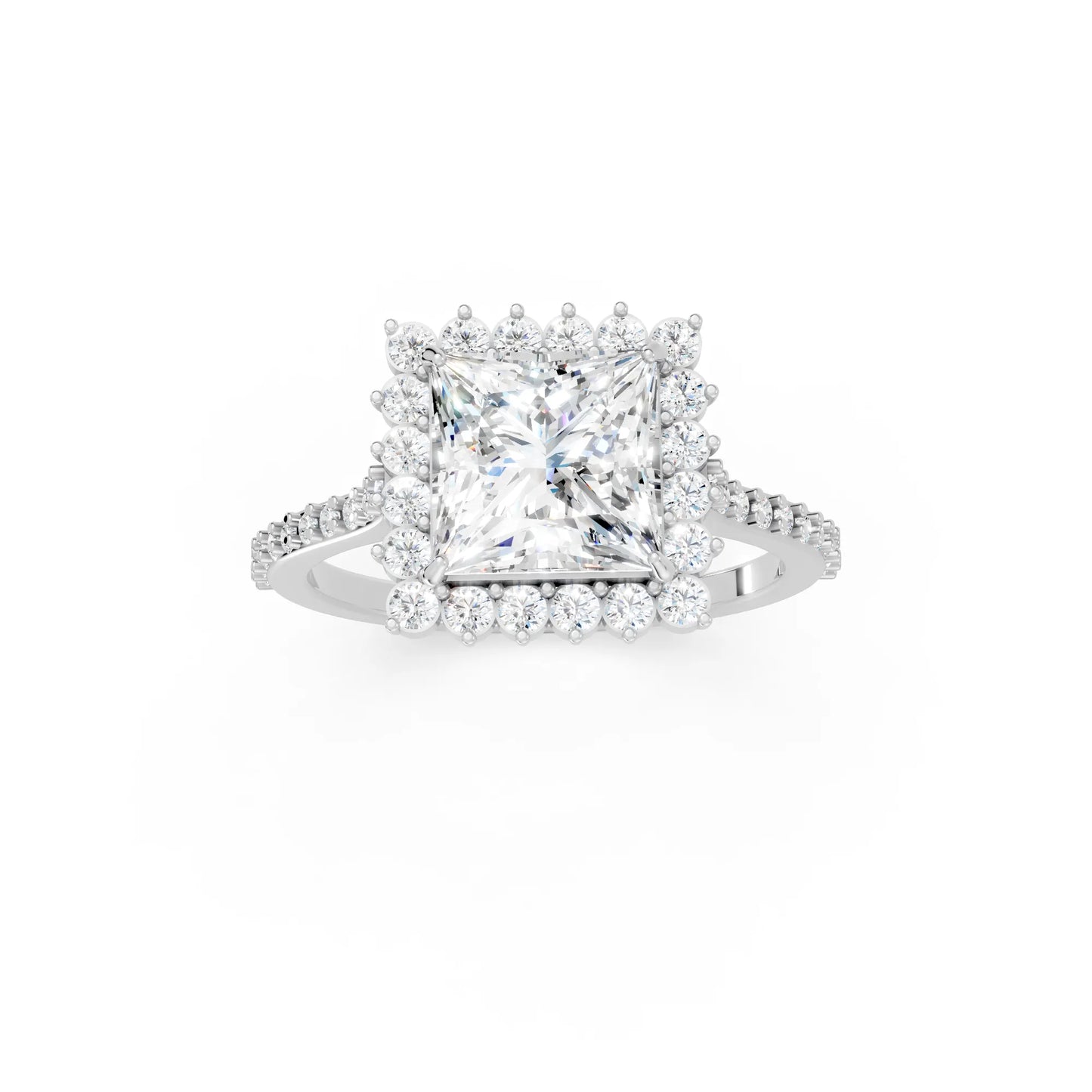 14K Gold Princess Cut Diamond Floral Halo Pave Engagement Ring