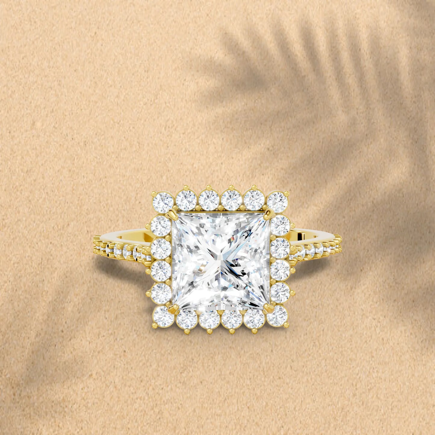 14K Gold Princess Cut Diamond Floral Halo Pave Engagement Ring