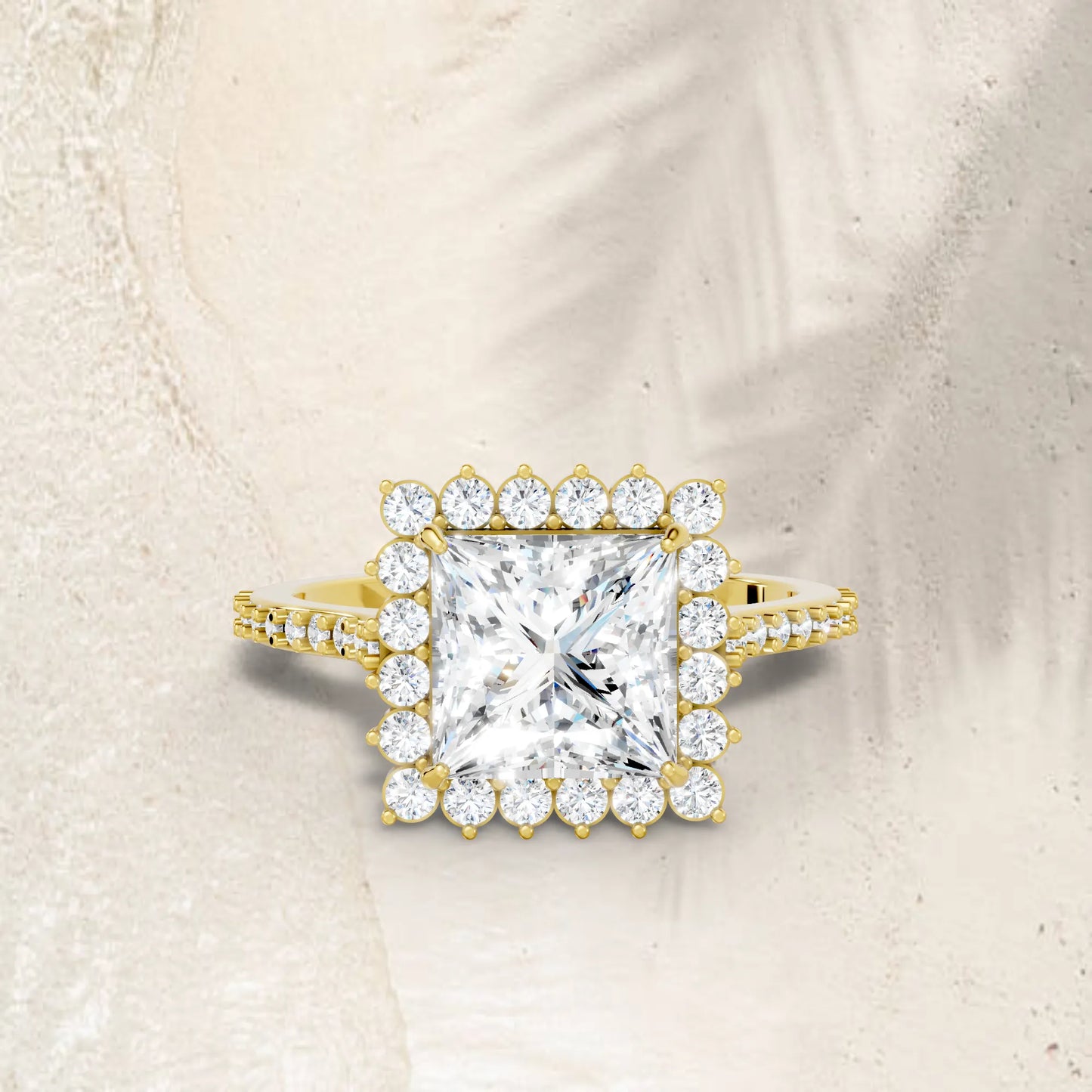 14K Gold Princess Cut Diamond Floral Halo Pave Engagement Ring