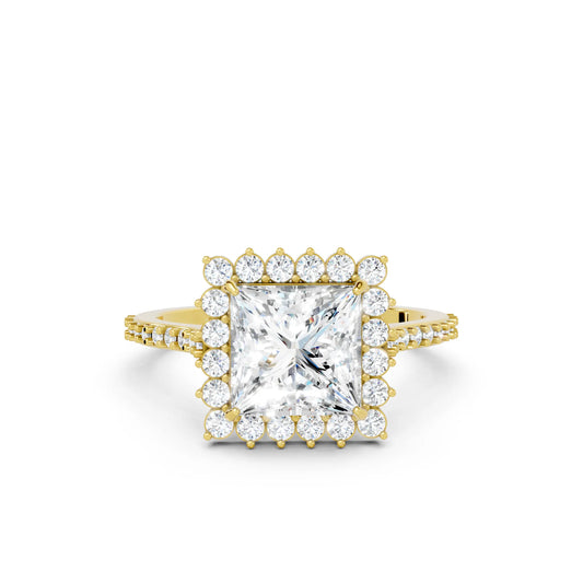 14K Gold Princess Cut Diamond Floral Halo Pave Engagement Ring
