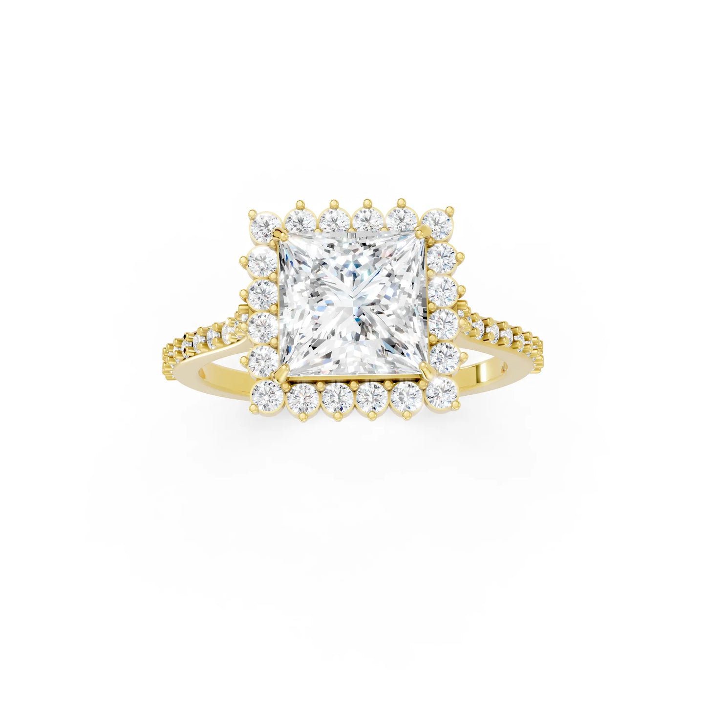 14K Gold Princess Cut Diamond Floral Halo Pave Engagement Ring
