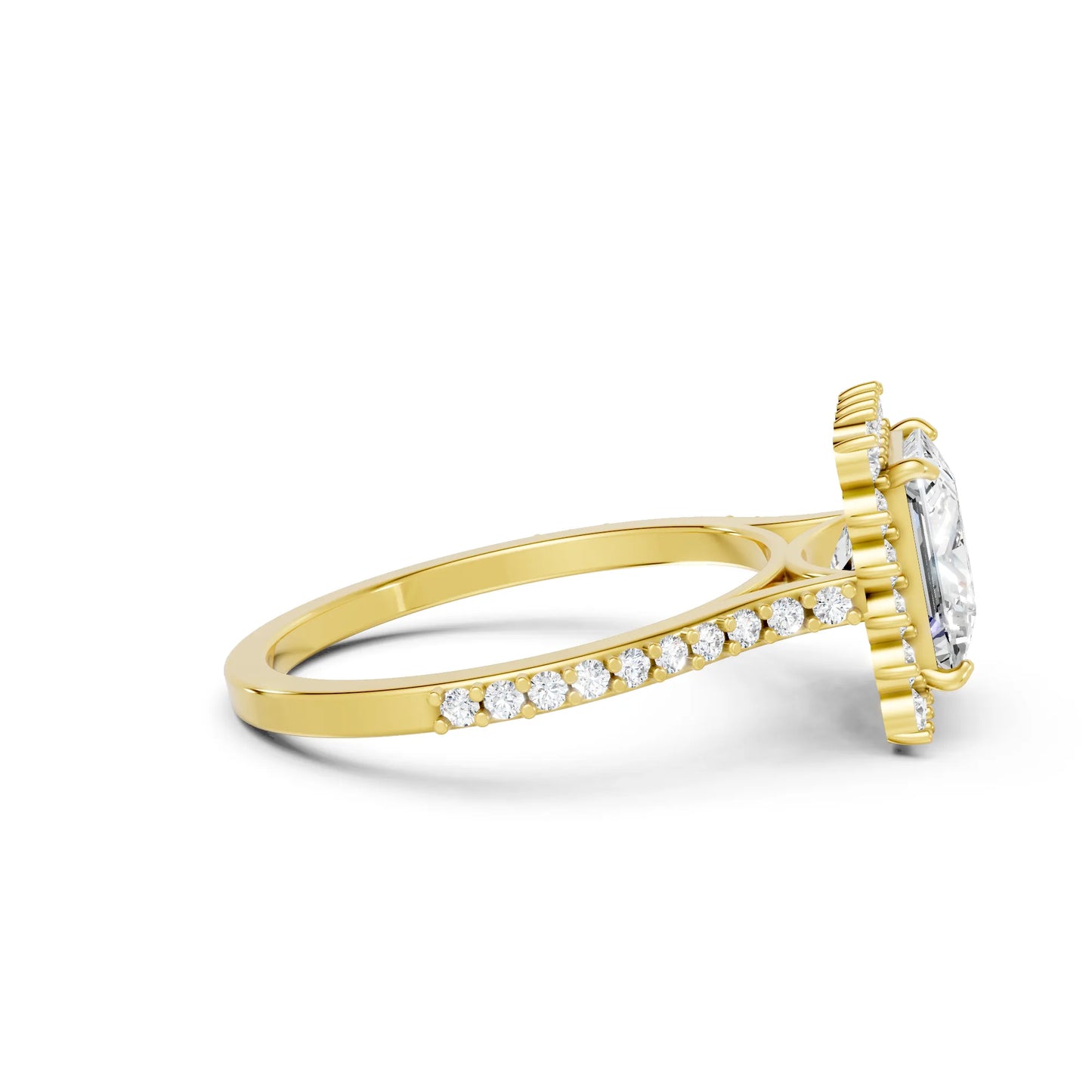 14K Gold Princess Cut Diamond Floral Halo Pave Engagement Ring