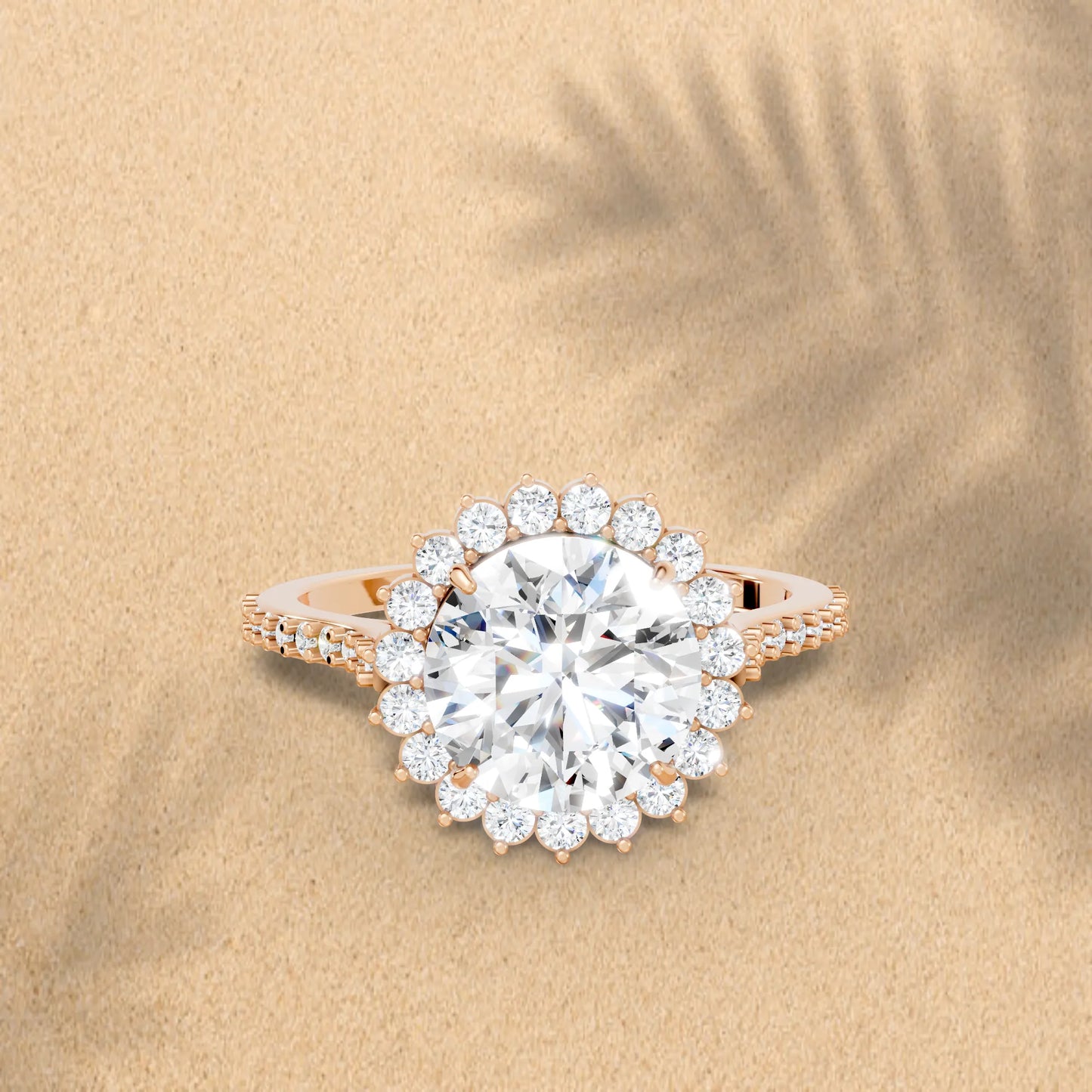 14K Gold Round Cut Diamond Floral Halo Pave Engagement Ring